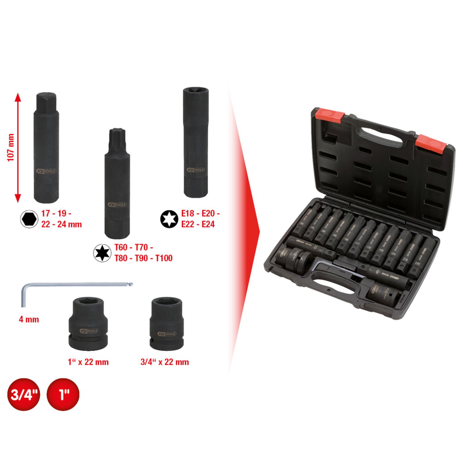 Комплект силовых сменных бит 3/4"+1", 16 шт