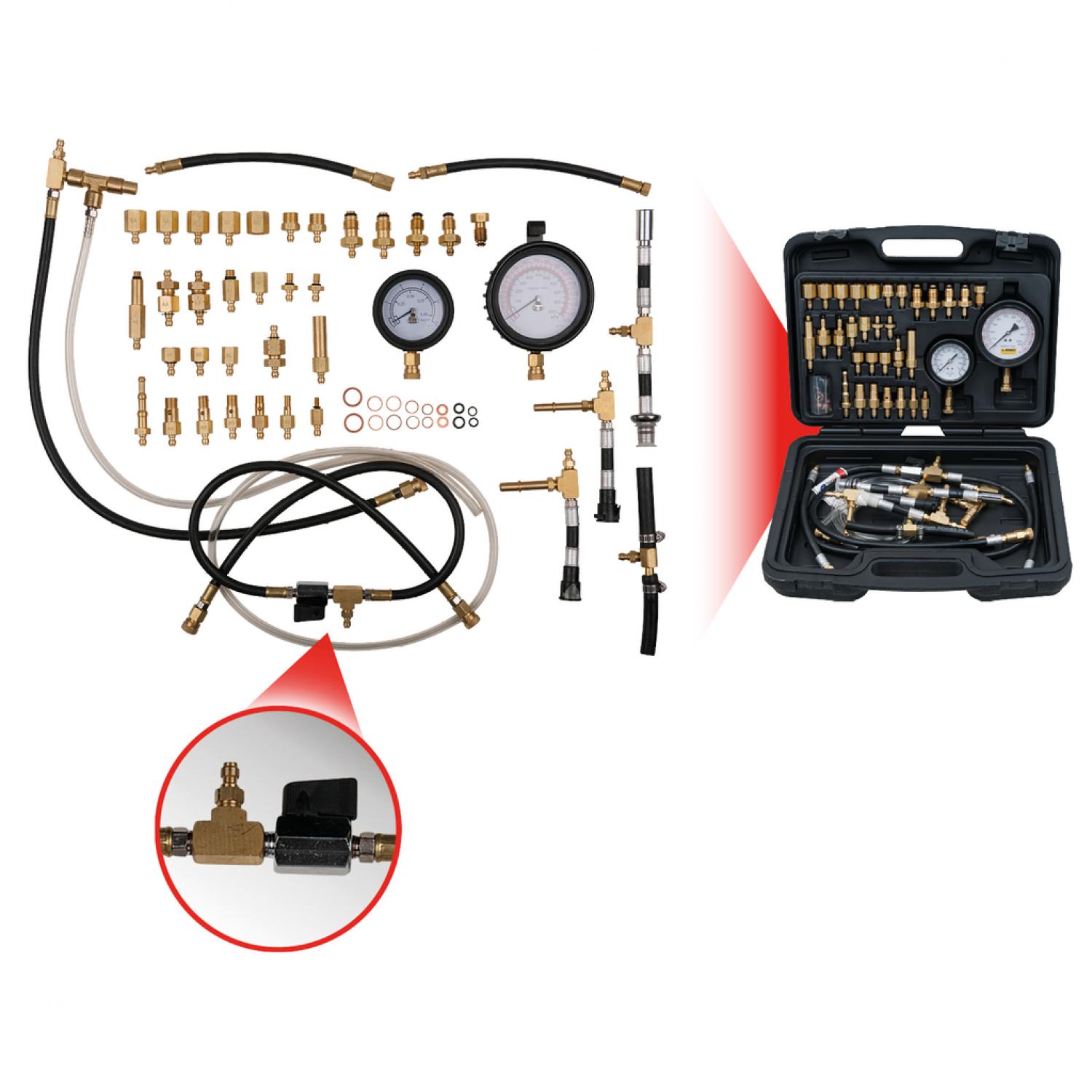Комплект для проверки давления в системе впрыскивания топлива двигателей с принудительным зажиганием, из 42 частей