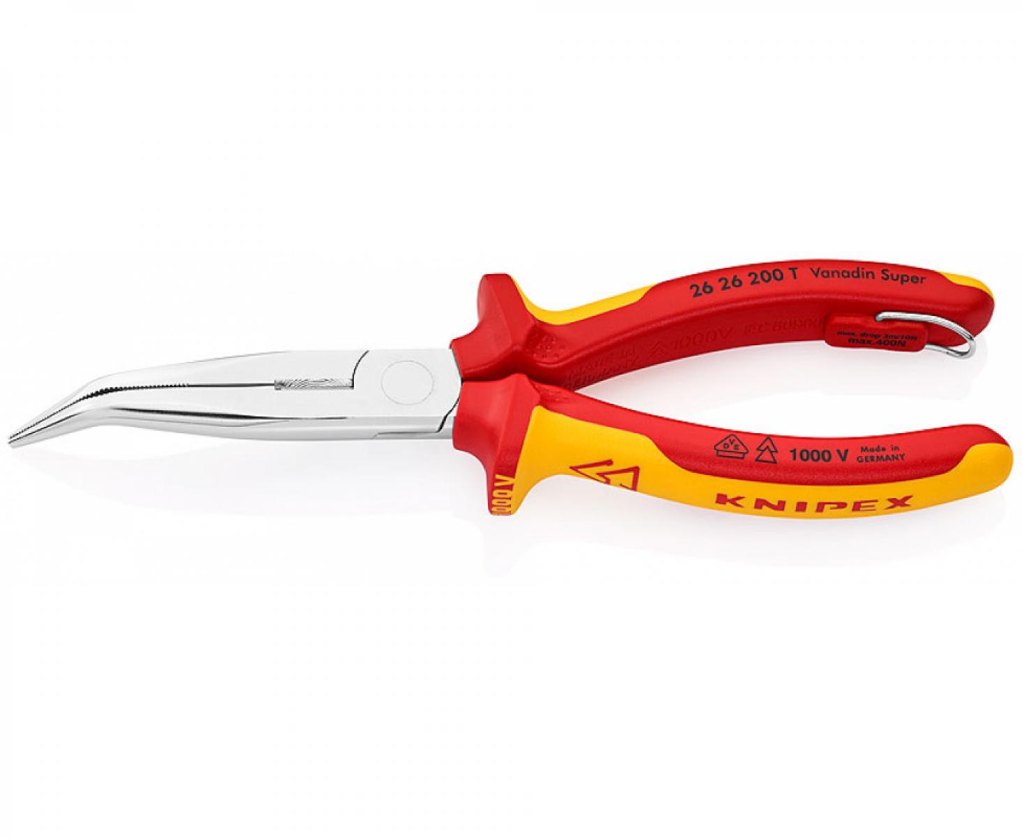 Круглогубцы VDE с заостренными концами, с режущей кромкой Knipex KN-2626200TBK со страховочным креплением