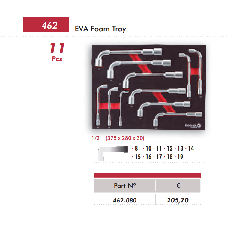 картинка Набор ключей торцевых двойных изогнутых в ложементе 8-19мм EVA Dogher 462-080 от магазина "Элит-инструмент"