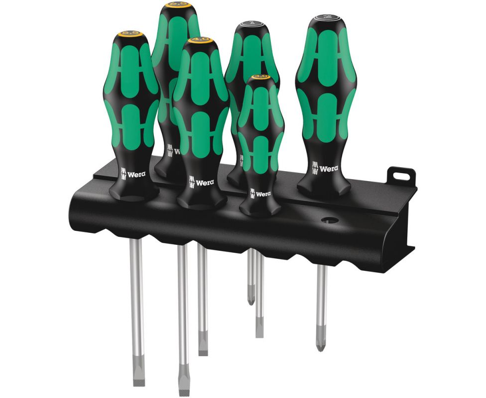 Набор отверток SL PZ Wera Kraftform Plus Lasertip 334/355/6 Rack WE-105656 + подставка