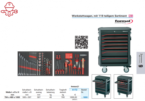 Тележка инструментальная с инструментом в ассортименте 119 шт. для мастерской, автосервиса  Format 6172 1800 Fplus