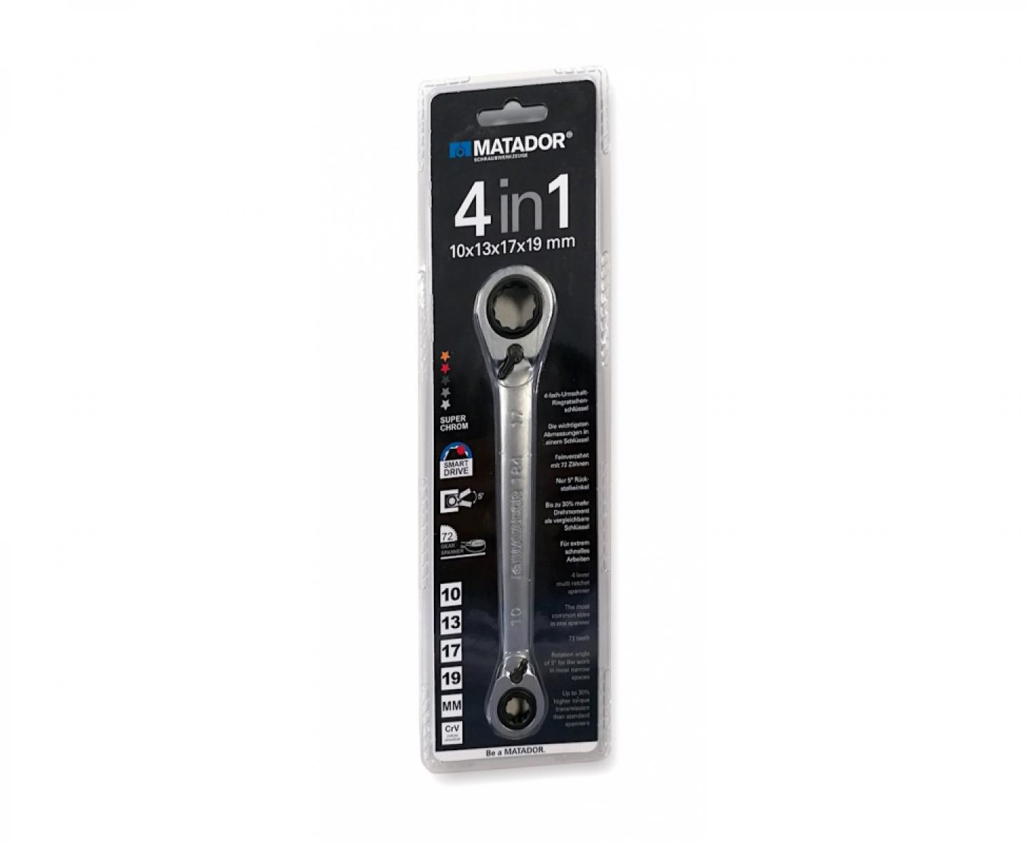 картинка Ключ гаечный двусторонний кольцевой с трещоткой 4 в 1 Matador 01840001 от магазина "Элит-инструмент"