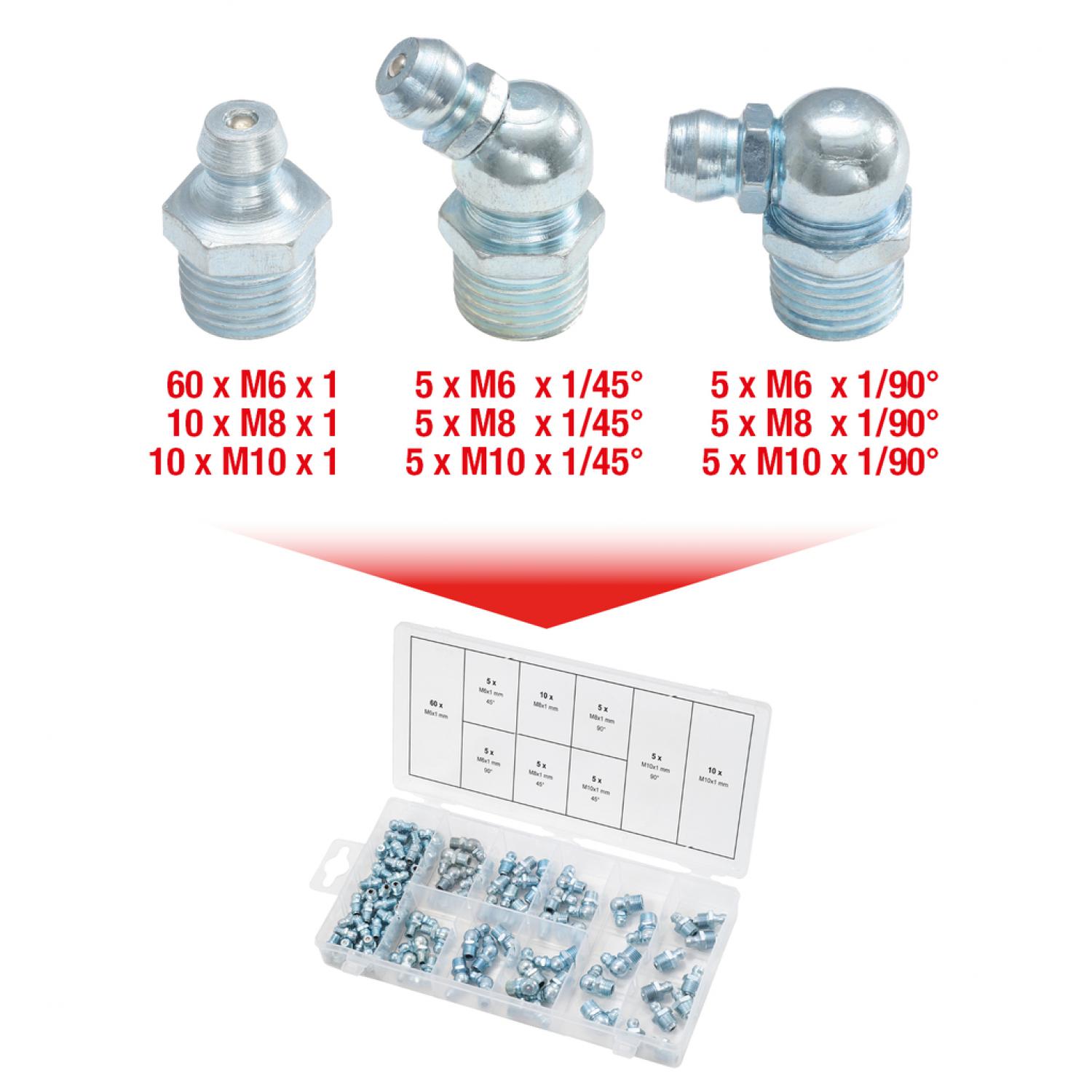 Ассортимент смазочных ниппелей, M6-8-10x1,0, 110 шт