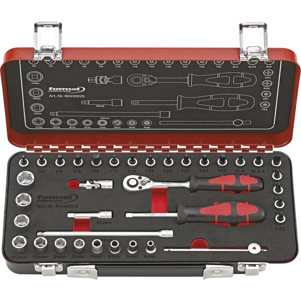 Набор торцевых ключей 1/4" 36 штук в металлической кассете FORMAT 6003 0025 Fplus