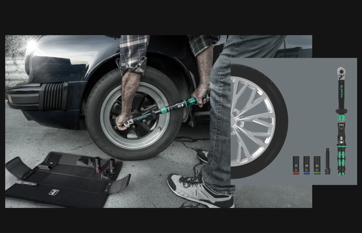 картинка Набор WERA 05075790001: динамометрический ключ C 3 Lock серии Click-Torque, регулируемый, реверсная трещотка, функция отключения затяжки (Torque Lock), 40-200 Нм, 1/2" + головки, для замены автомобильных колес, 6 предметов от магазина "Элит-инструмент"