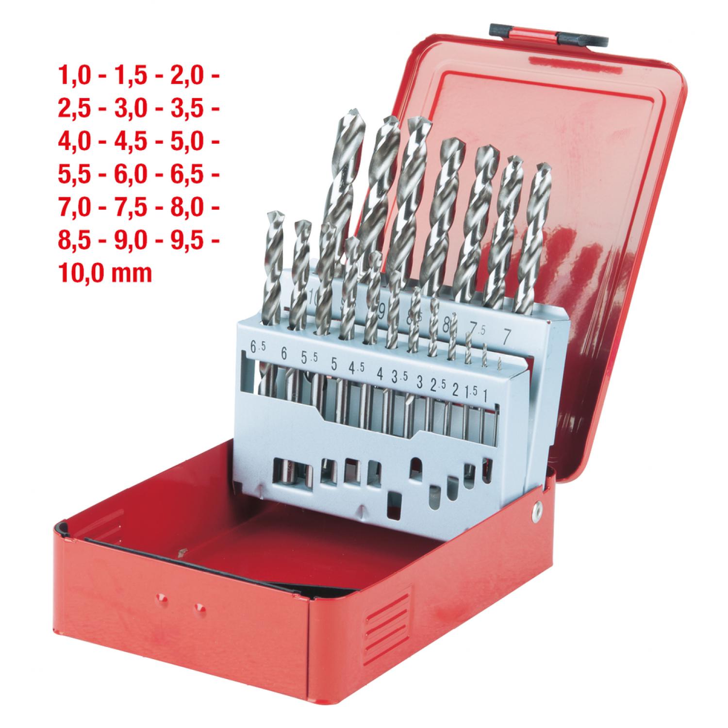картинка Комплект спиральных сверл из стали HSS-G, в футляре из листовой стали, 19 шт, 1-10 мм от магазина "Элит-инструмент"