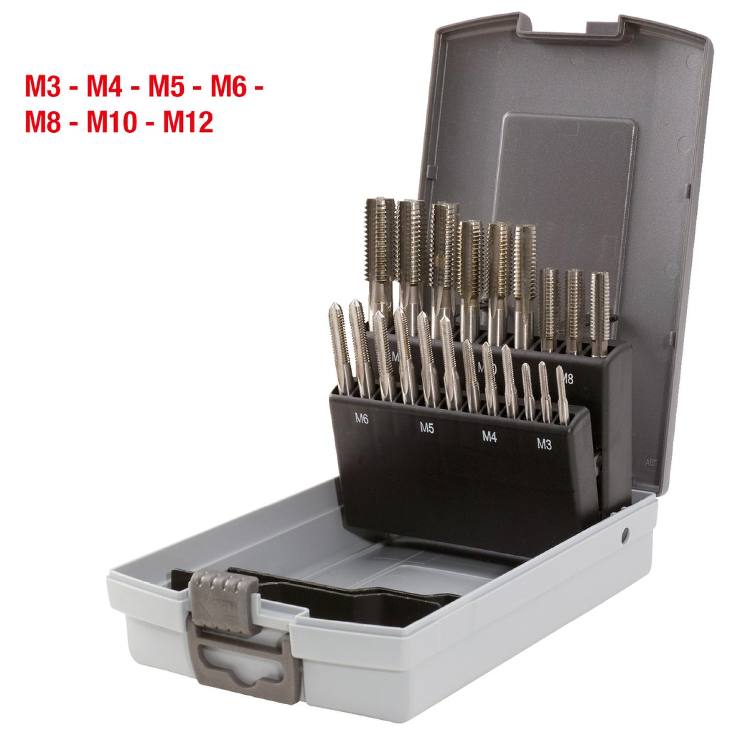 картинка Комплект ручных метчиков HSS M в пластиковом футляре, 21 шт, M3-M12 от магазина "Элит-инструмент"