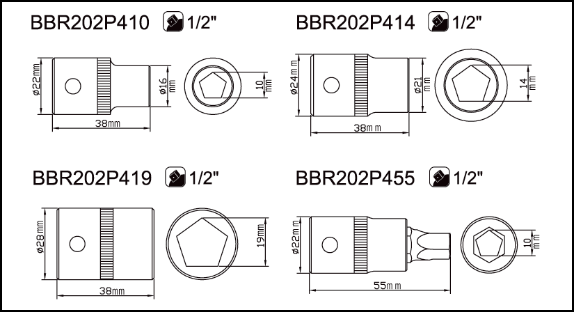 картинка 1/2"Наборпятигранных торцевых головок для ручного тормоза BAHCO BBR202P4 от магазина "Элит-инструмент"