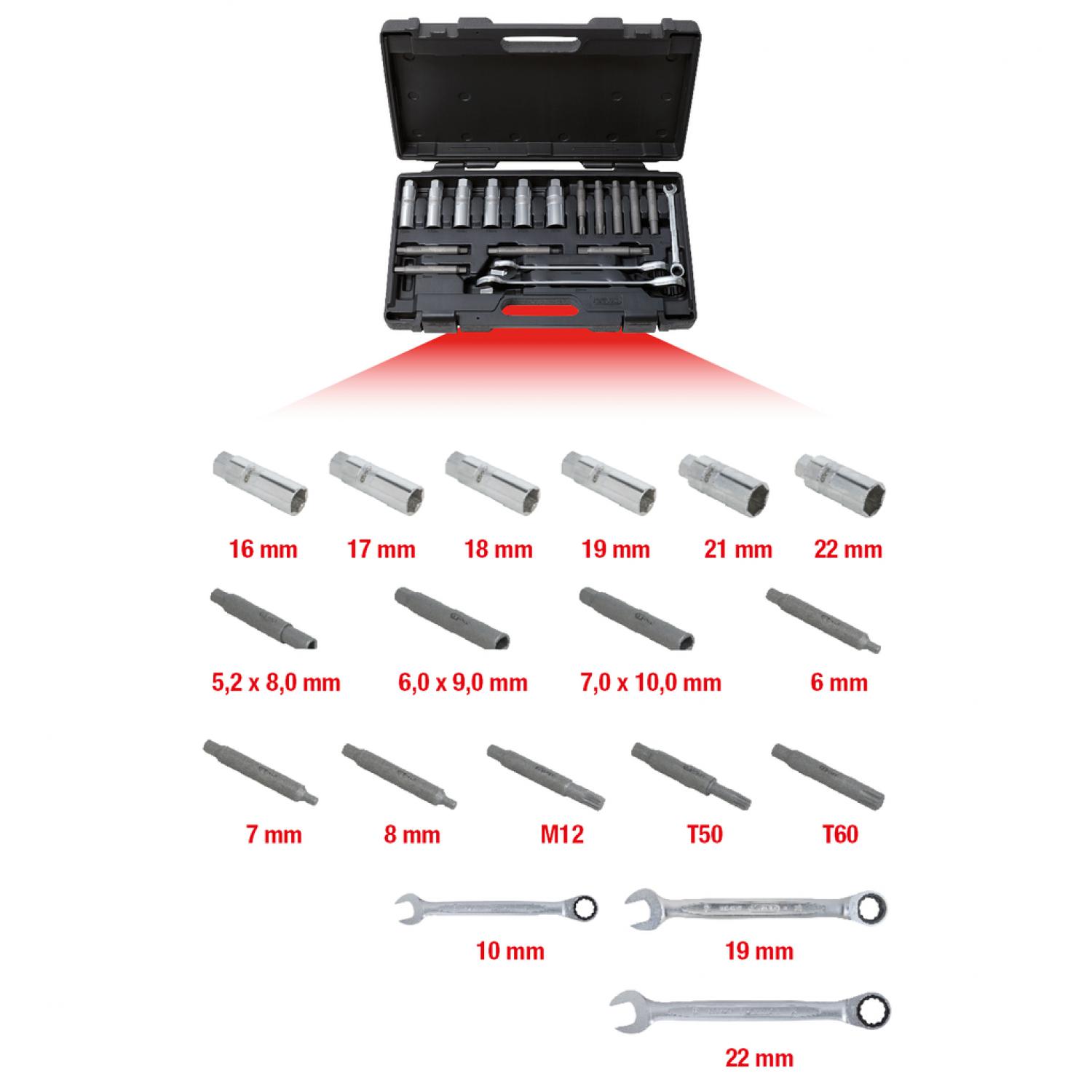 картинка Универсальный базовый комплект инструментов для обслуживания амортизаторов, из 18 шт от магазина "Элит-инструмент"
