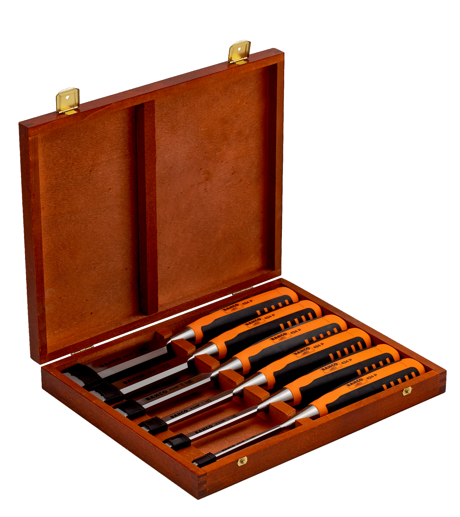 Набор профессиональных стамесок с двухкомпонентной рукояткой в деревянной коробке, 6шт BAHCO 424P-S6/S8
