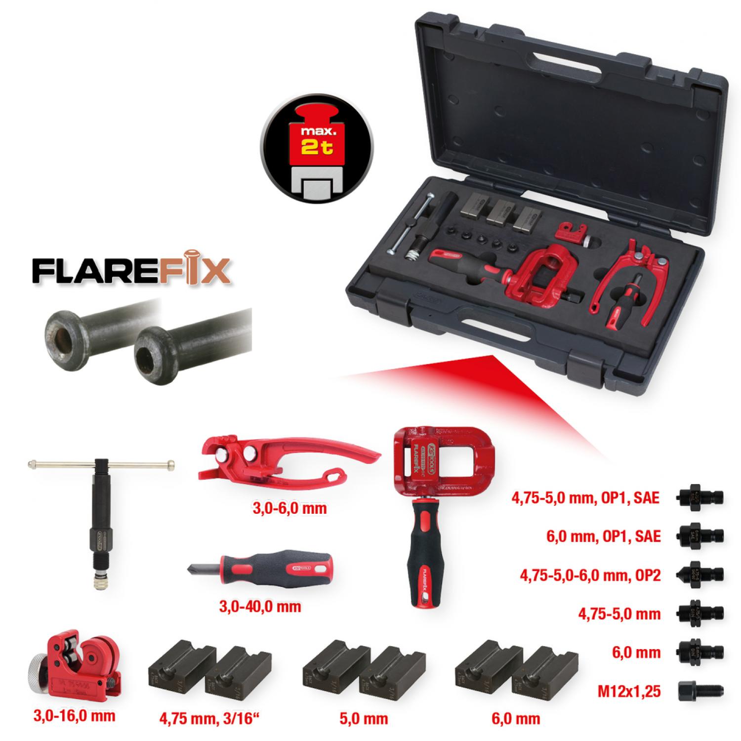 Универсальный комплект вальцовок для тормозных трубопроводов с гидравлическим шпинделем FLAREFIX 1, 16 шт