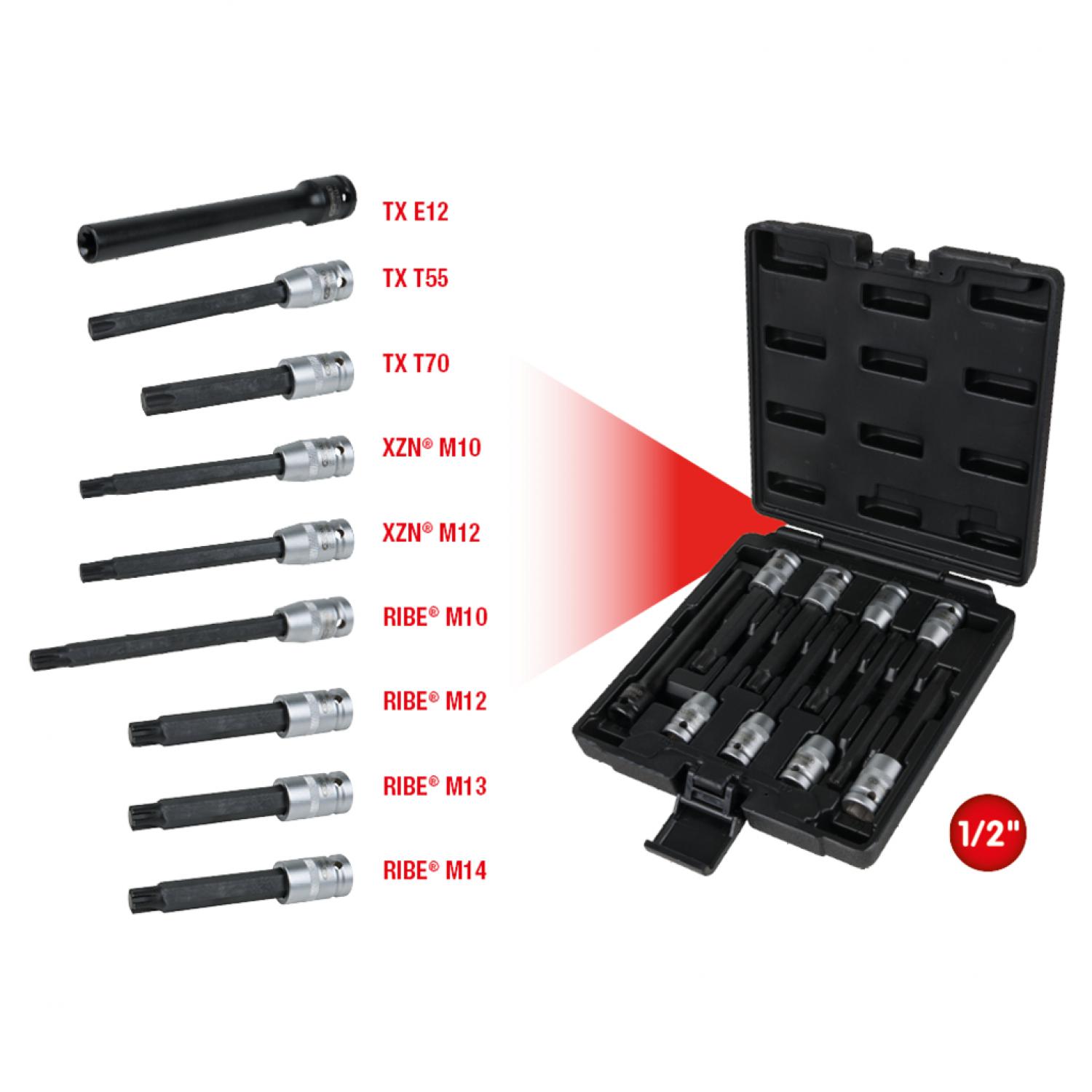 Комплект торцовых ключей для винтов головки блока цилиндров 1/2", 9 шт