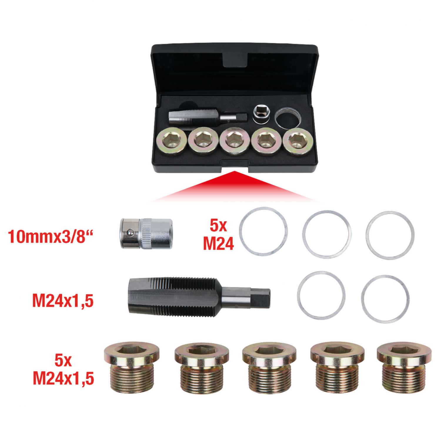 Комплект для ремонта резьбы масляных пробок, 12 шт, M24 x 1,5