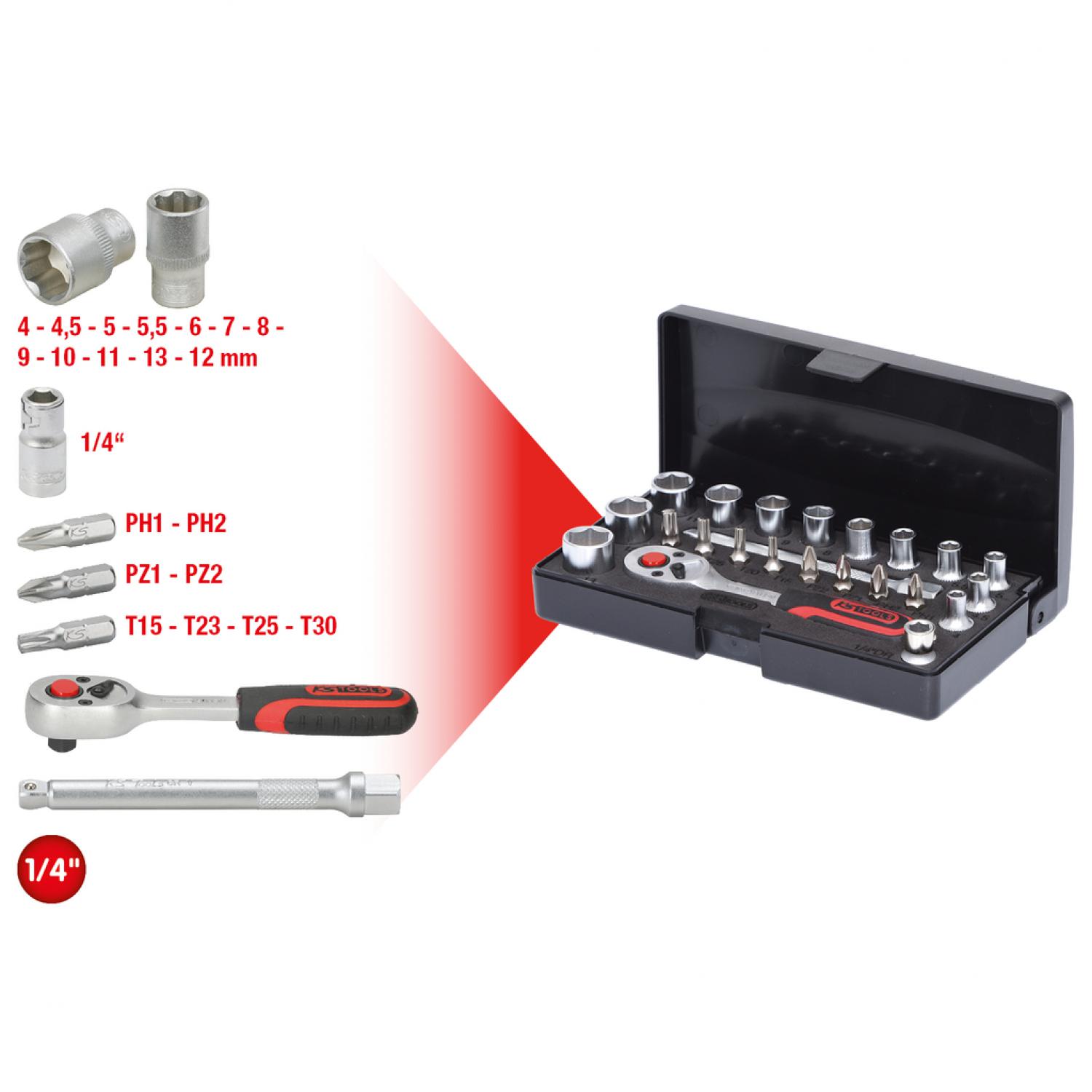 картинка Комплект торцовых ключей с трещоткой 1/4'', 23 шт. KSTools 911.0623 от магазина "Элит-инструмент"