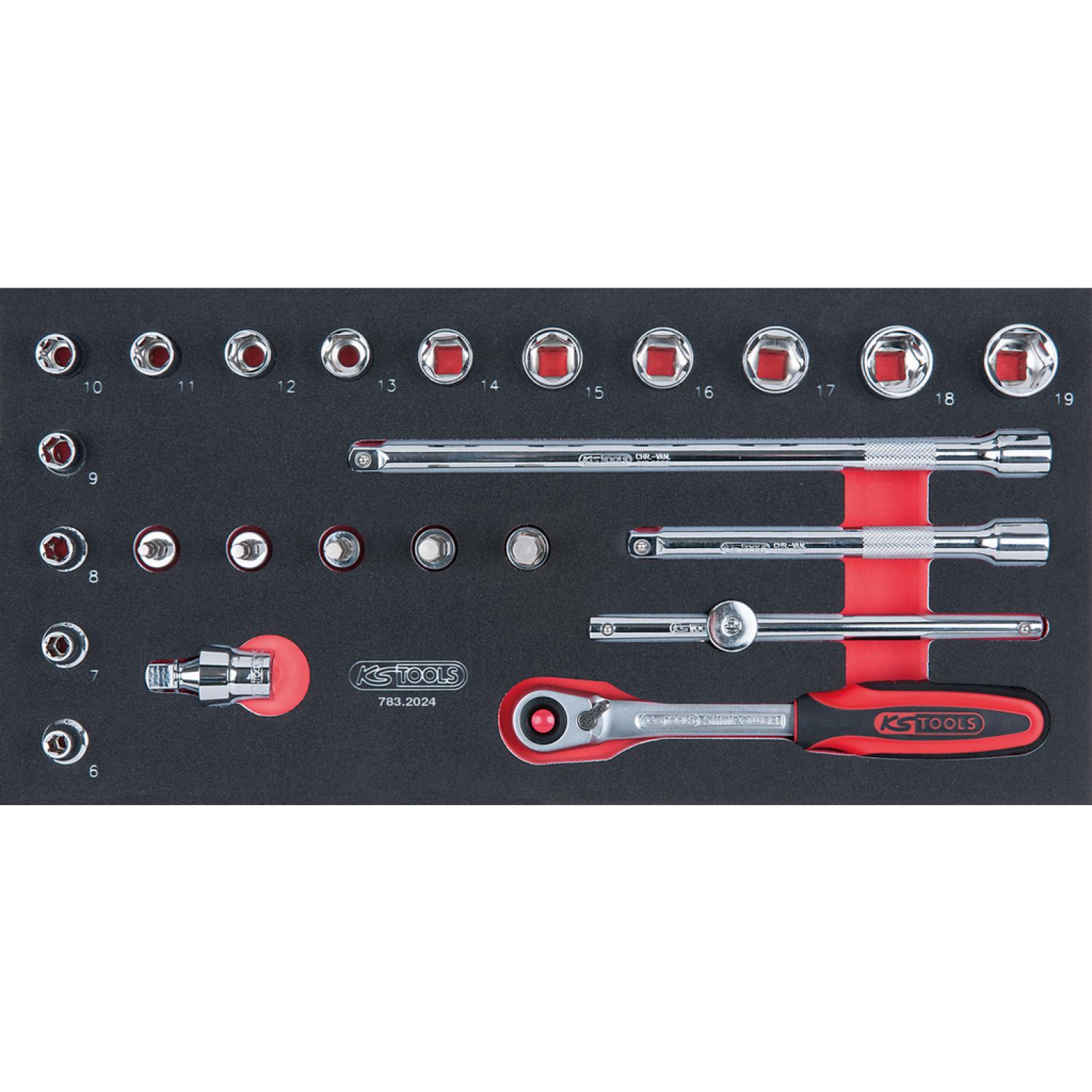 Комплект торцовых ключей SCS CHROMEplus 3/8", 24 шт, во вкладке на 1/3 инструментального ящика