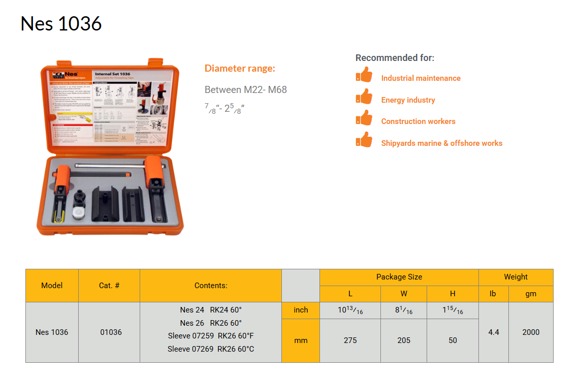 картинка Набор инструментов для нарезания резьбы, набор инструментов для ремонта внутренней резьбы, для труб диаметром от 7/8 до 2 5/8 дюйма, левая или правая резьба, дюймовая или метрическая M22- M68 - 7⁄8"-2 5⁄8" NES 1036 от магазина "Элит-инструмент"