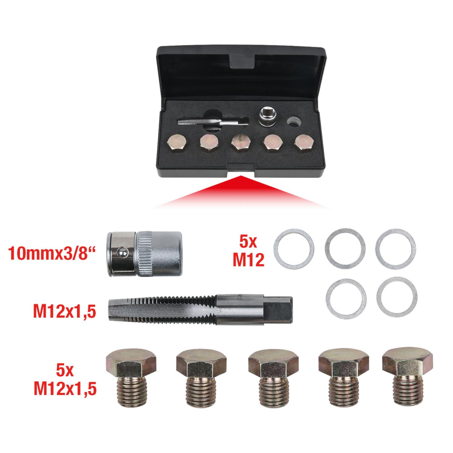 Комплект для ремонта резьбы масляных пробок, 12 шт, M12 x 1,5