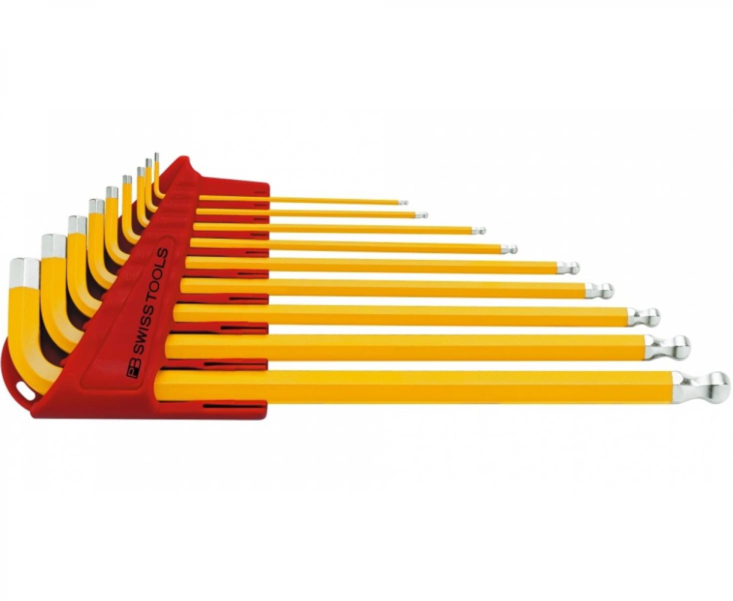Набор длинных желтых штифтовых ключей HEX PB Swiss Tools PB 212L.H-10 YE со сферической головкой 9 шт.