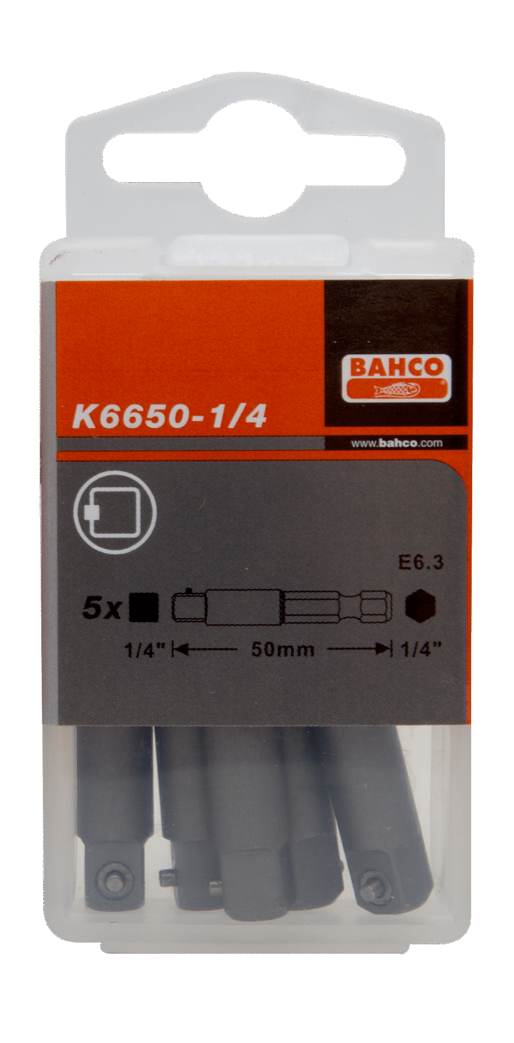 картинка Переходник для торцевых головок с шестигранником размером 1/4 дюйма для квадрата 1/4 дюйма или 3/8 дюйма, 50 мм BAHCO K6650 от магазина "Элит-инструмент"