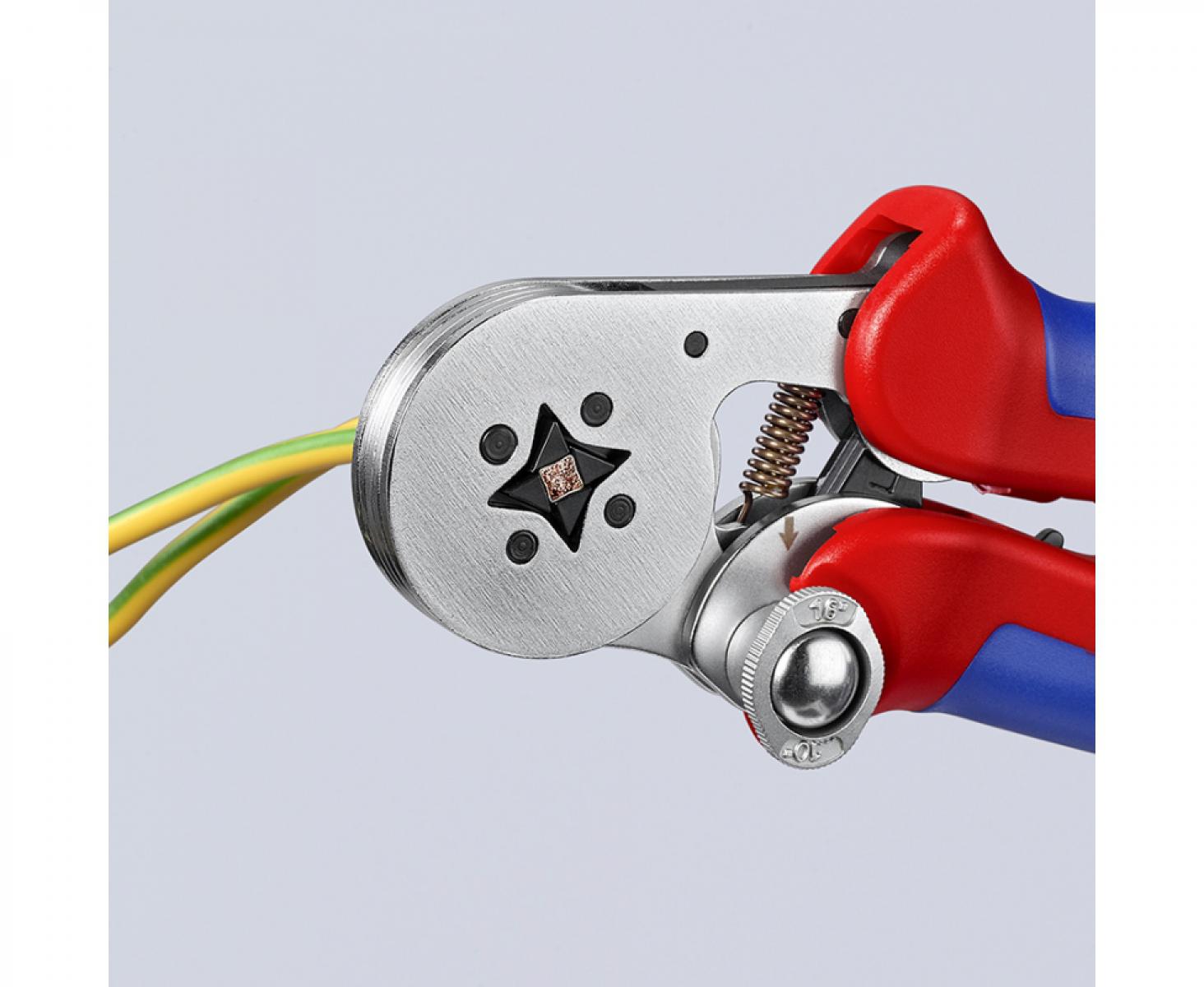 картинка Самонастраивающийся инструмент для опрессовки контактных гильз 0,08 - 10 + 16 мм² с боковой установкой Knipex KN-975504 от магазина "Элит-инструмент"
