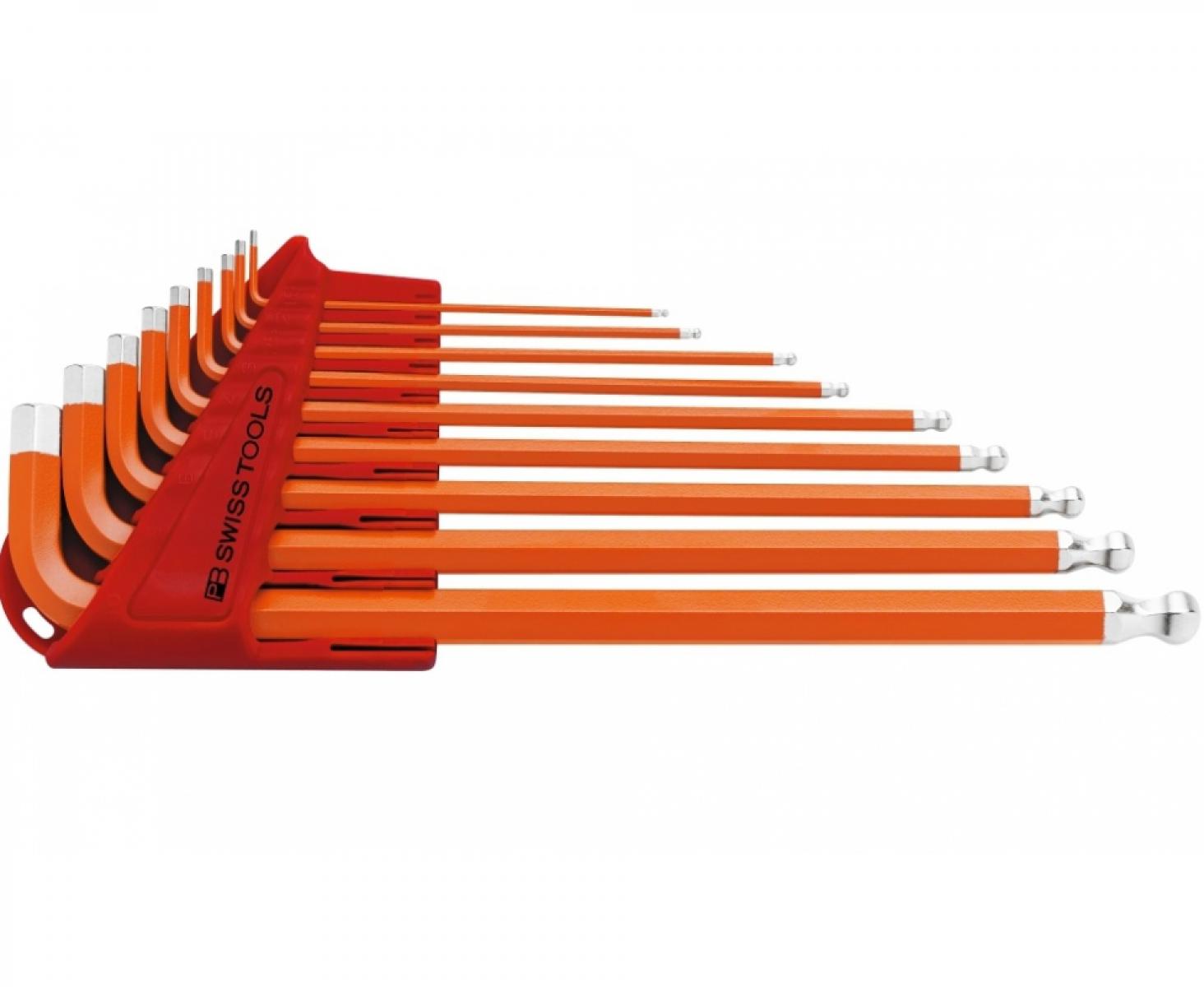 Набор длинных оранжевых штифтовых ключей HEX PB Swiss Tools PB 212L.H-10 OR со сферической головкой 9 шт.