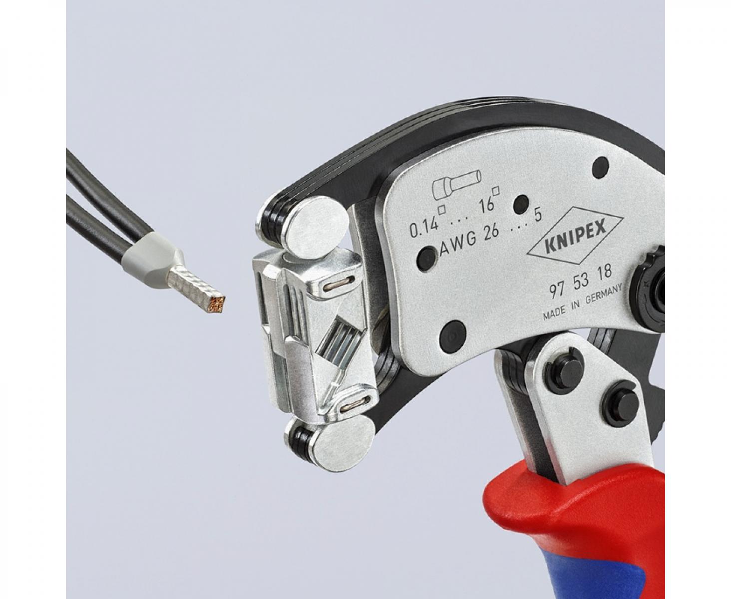 картинка Клещи самонастраивающиеся Twistor16 для опрессовки контактных гильз 0,14 - 16,0 мм² Knipex KN-975318 от магазина "Элит-инструмент"