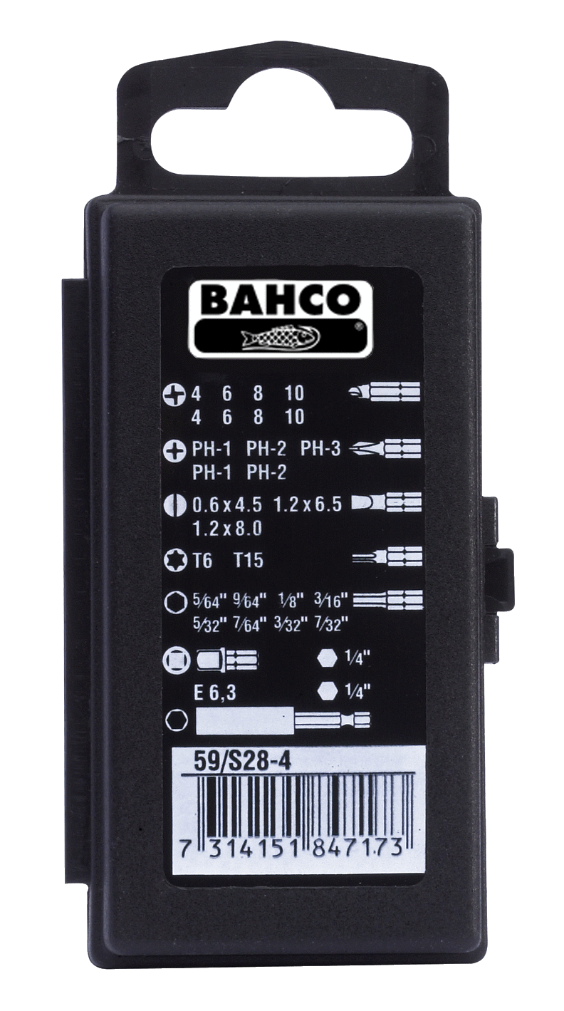 Набор стандартных бит для отверток с держателем бит и переходником для торцевых головок размером 1/4 дюйма, 28 предметов BAHCO 59/S28