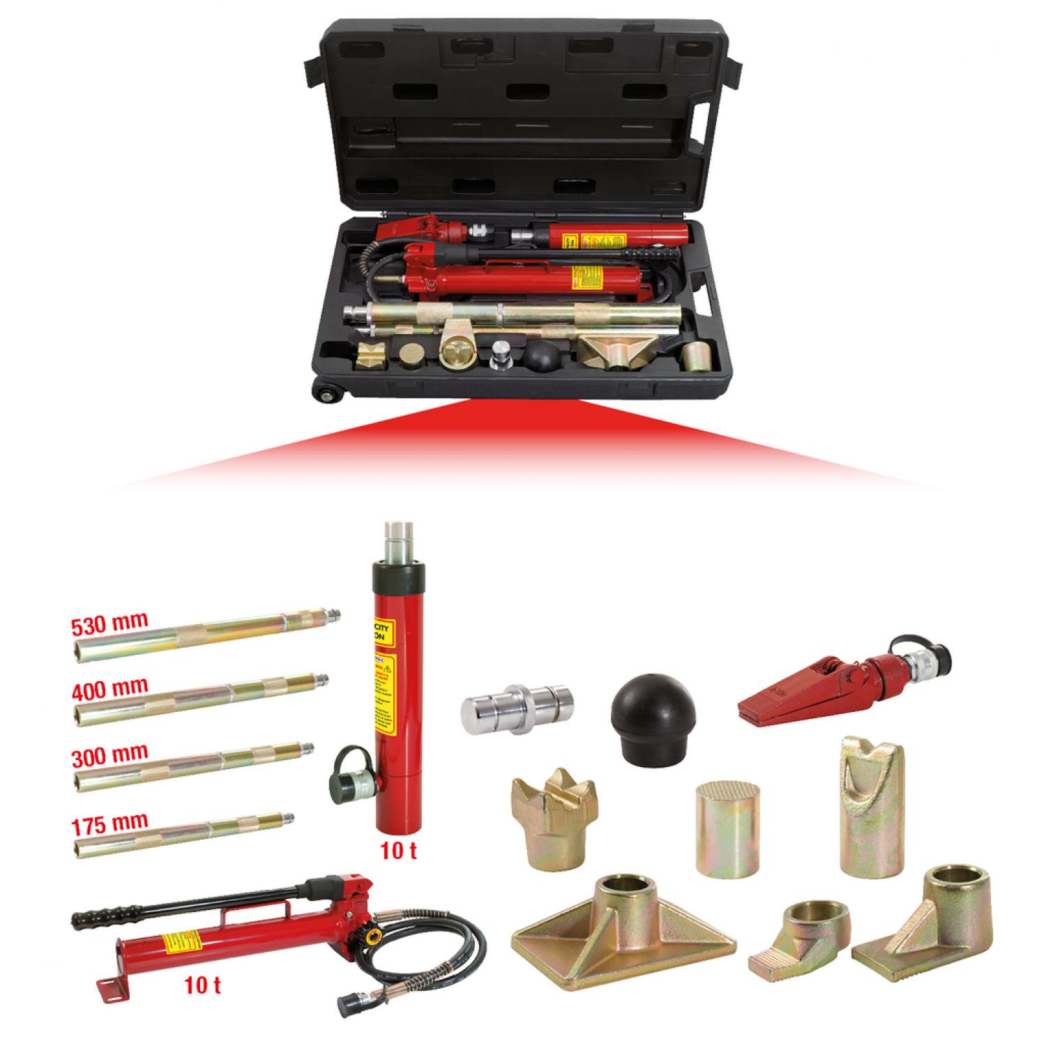 Комплект гидравлических инструментов для рихтовки автомобилей, 10 т, из 17 шт