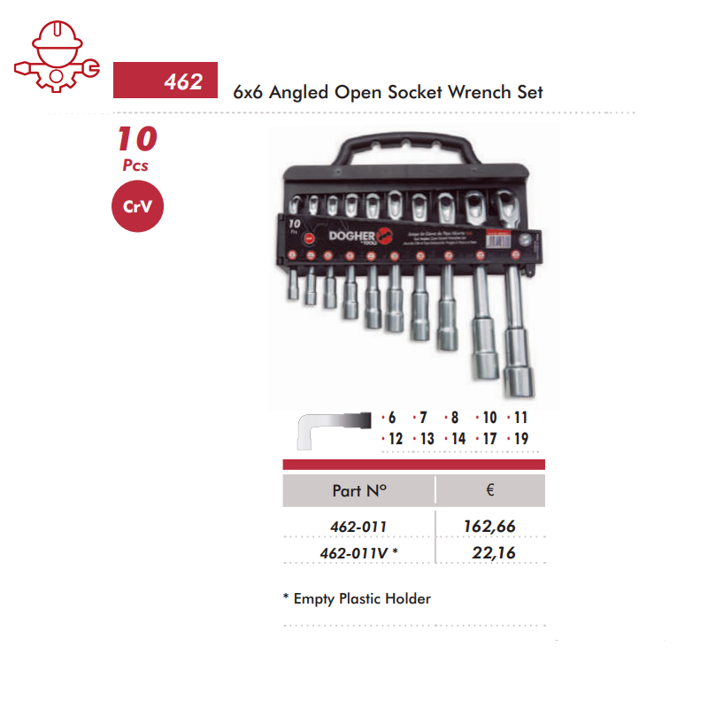 картинка Набор ключей торцевых двойных изогнутых на держателе 6-19мм 6х6 Dogher Ref 462-011 от магазина "Элит-инструмент"