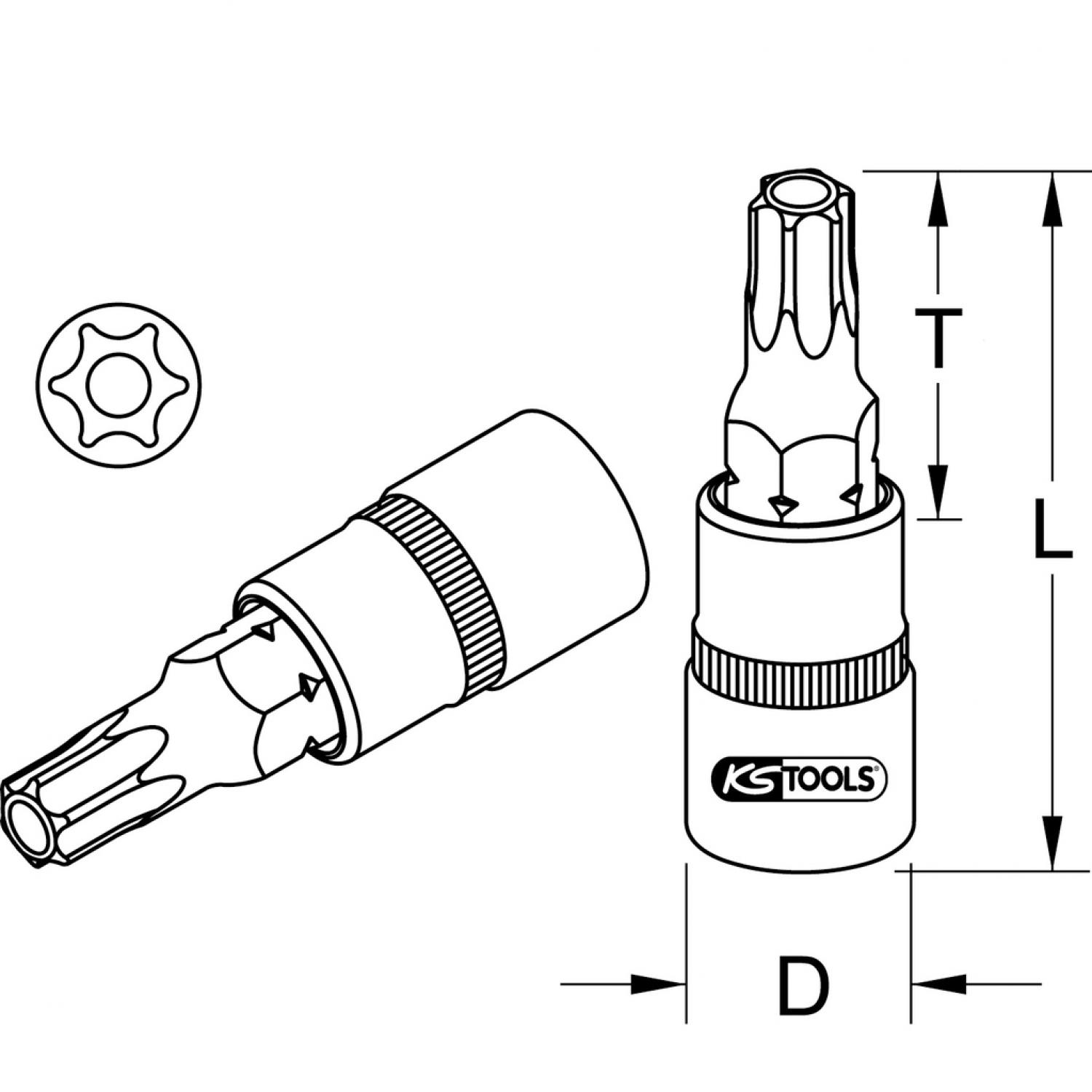 картинка Торцовая головка с профилем Torx 1/4" с битом и торцовым отверстием, TВ10 подвеска от магазина "Элит-инструмент"