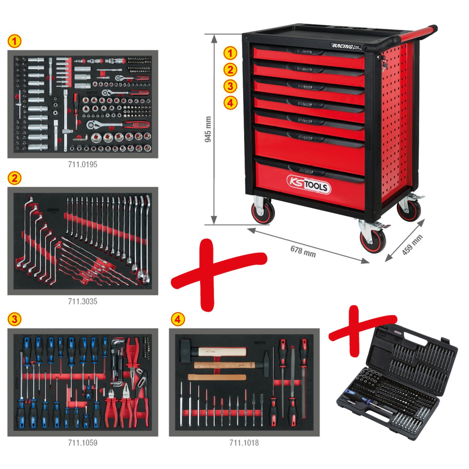 картинка RACINGline черно-красная инструментальная тележка с 7 ящиками и комплектом из 515 инструментов премиум-класса от магазина "Элит-инструмент"