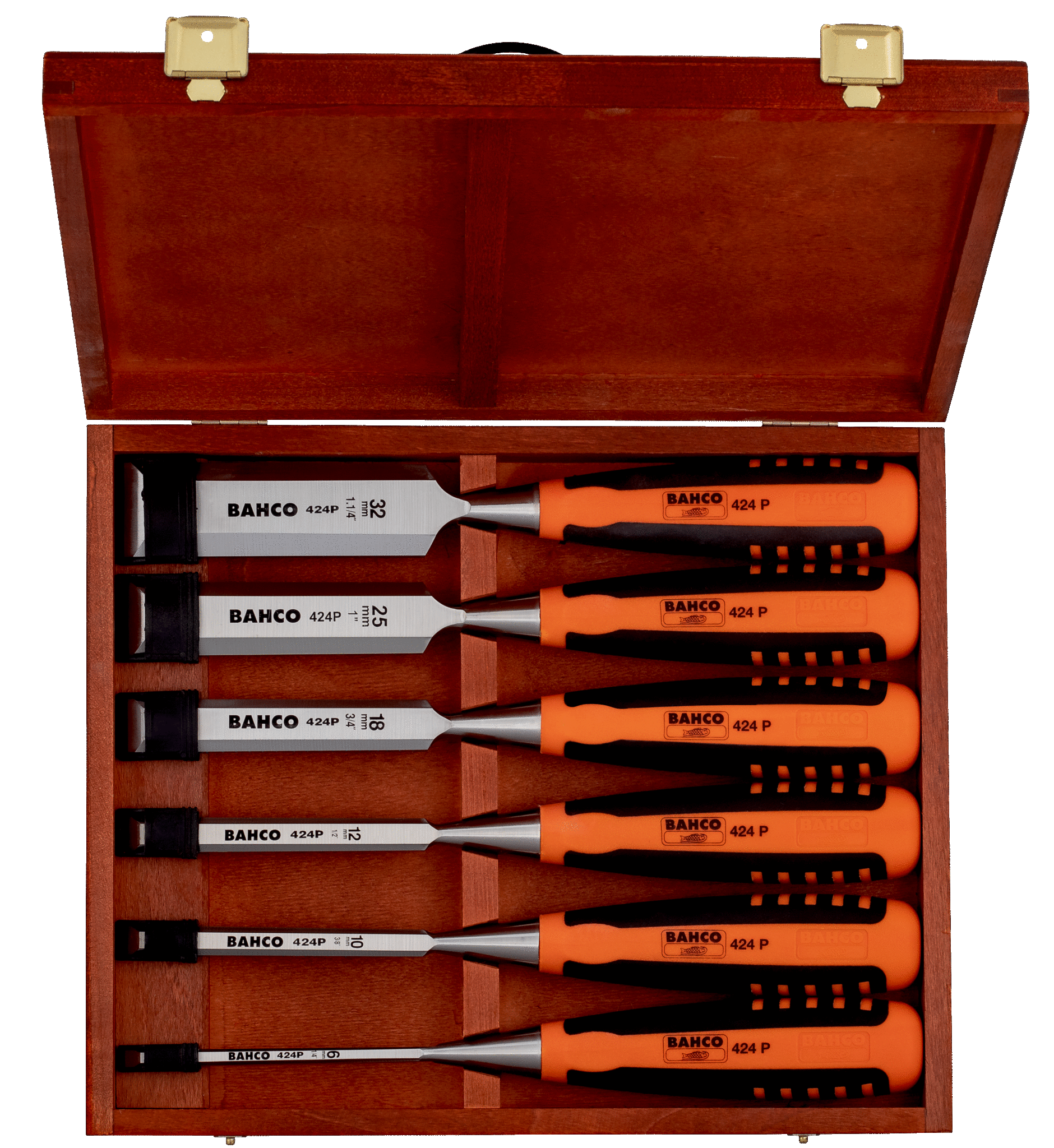 картинка Набор профессиональных стамесок с двухкомпонентной рукояткой в деревянной коробке, 6шт BAHCO 424P-S6-EUR от магазина "Элит-инструмент"