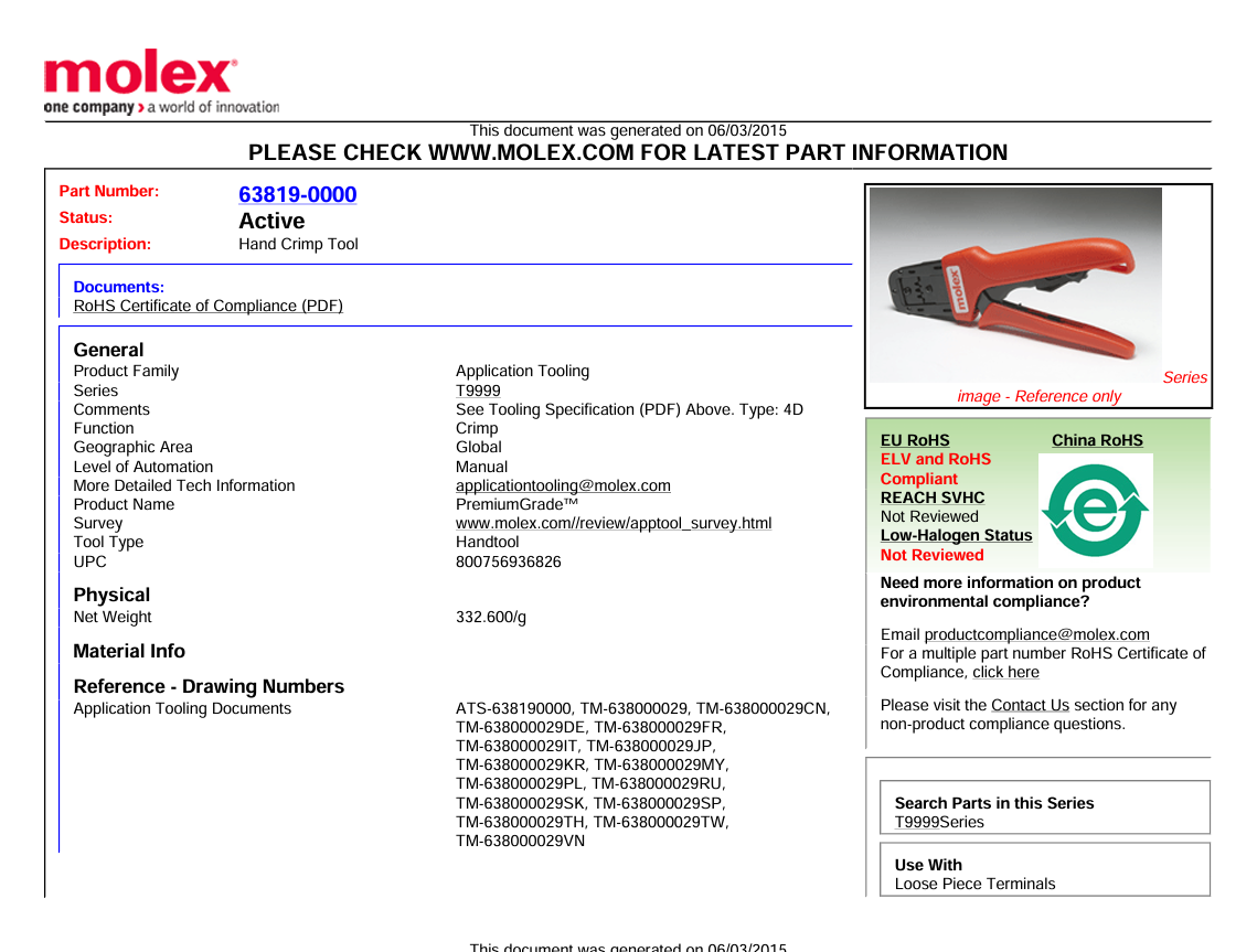 картинка Кримпер, пресс-клещи, обжимка Crimping Tools HAND TOOL Molex 0638190000 от магазина "Элит-инструмент"