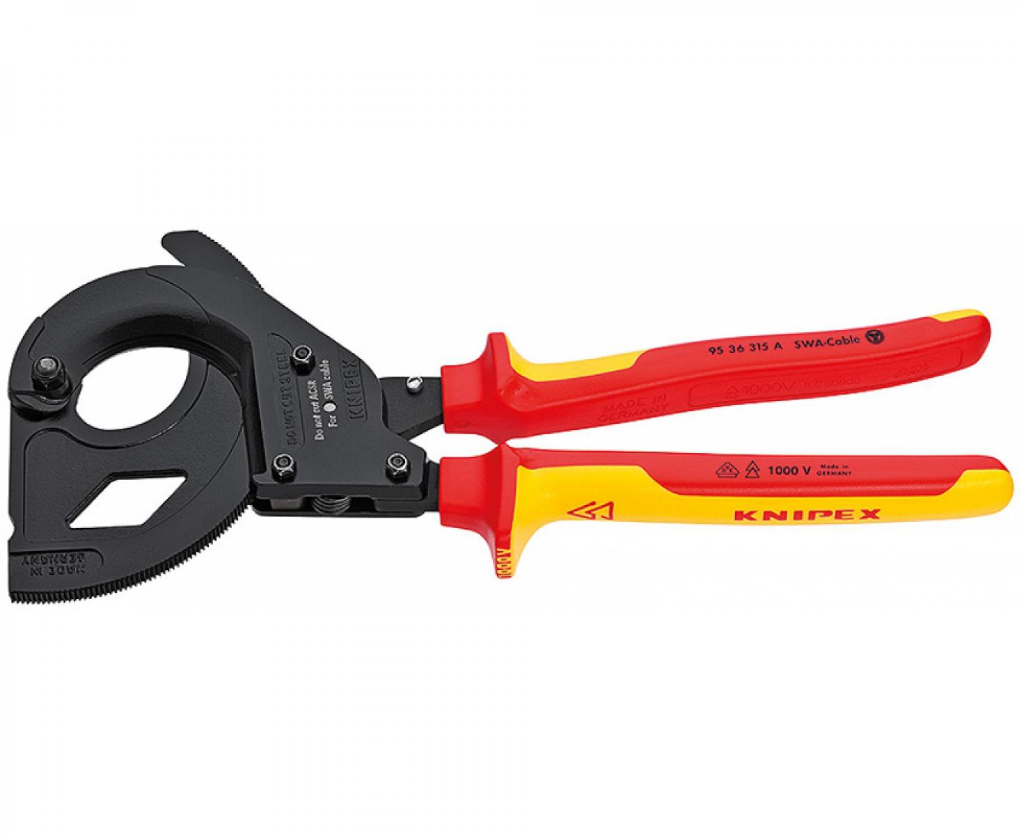 Ножницы (по принципу трещотки) VDE для резки кабеля со стальным армированием (SWA) Knipex KN-9536315A