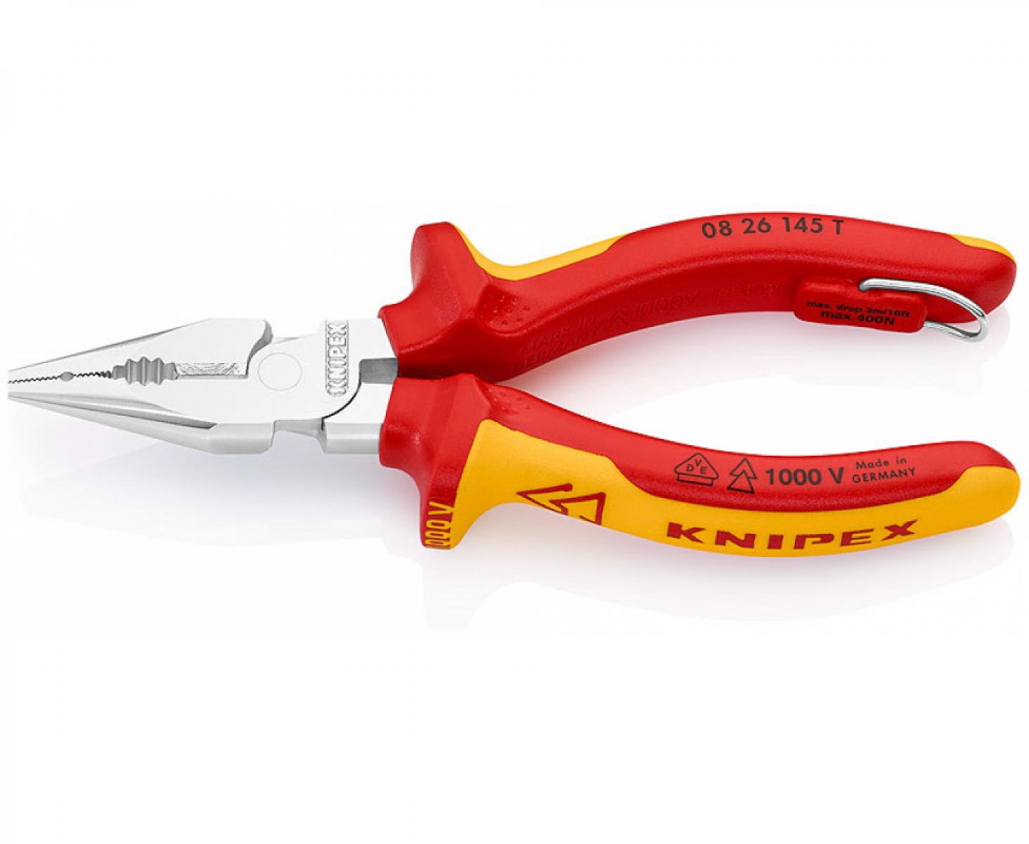 картинка Пассатижи удлиненные VDE Knipex KN-0826145TBK со страховочным креплением от магазина "Элит-инструмент"