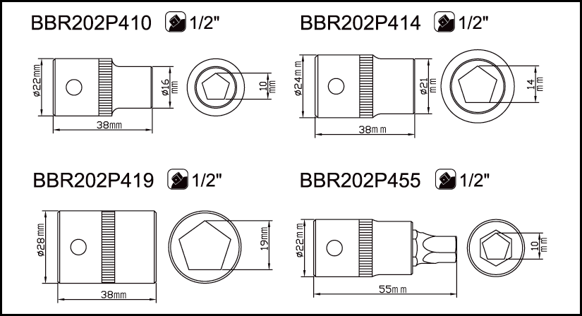 картинка 1/2"Наборпятигранных торцевых головок для ручного тормоза BAHCO BBR202P455 от магазина "Элит-инструмент"