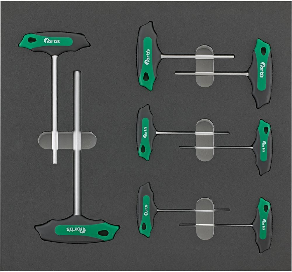 Отвертки инструментального модуля с Т-образной рукояткой под шестигранник, FORTIS 4063726002372 (дизайн - Equipped, 8-pc / тип модуля - 2/3 / размеры ш х д х в - 375 x 390 x 30 мм)