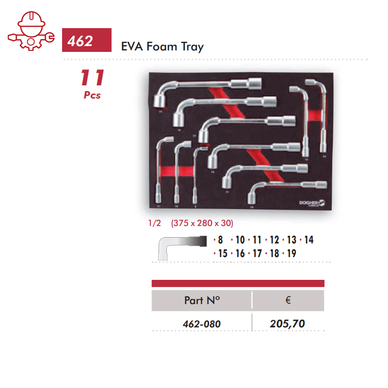 картинка Набор ключей торцевых двойных изогнутых в ложементе 8-19мм EVA Dogher 462-080 от магазина "Элит-инструмент"