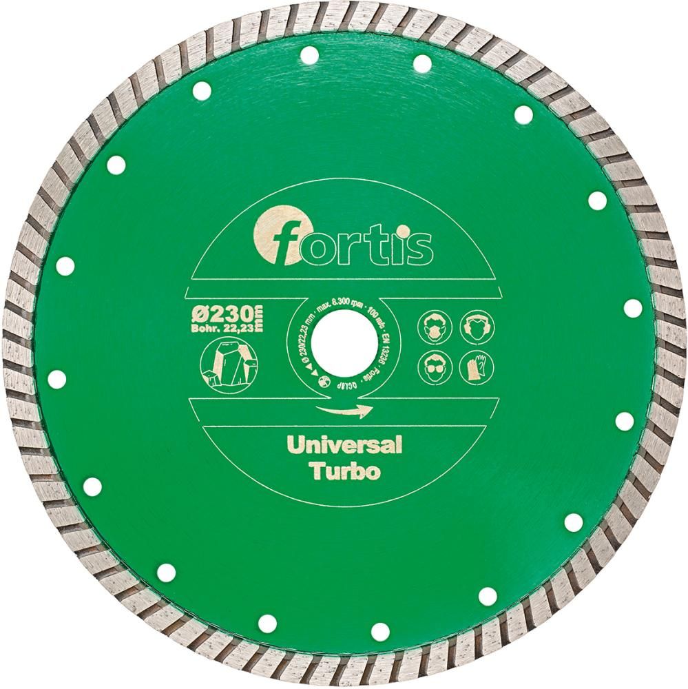 картинка Алмазный отрезной диск Universal Turbo, FORTIS 4317784704649 (внешний ø - 180 мм / диаметр отверстия - 22,23 мм / высота сегмента - 10 мм / дизайн - Dry cut) от магазина "Элит-инструмент"
