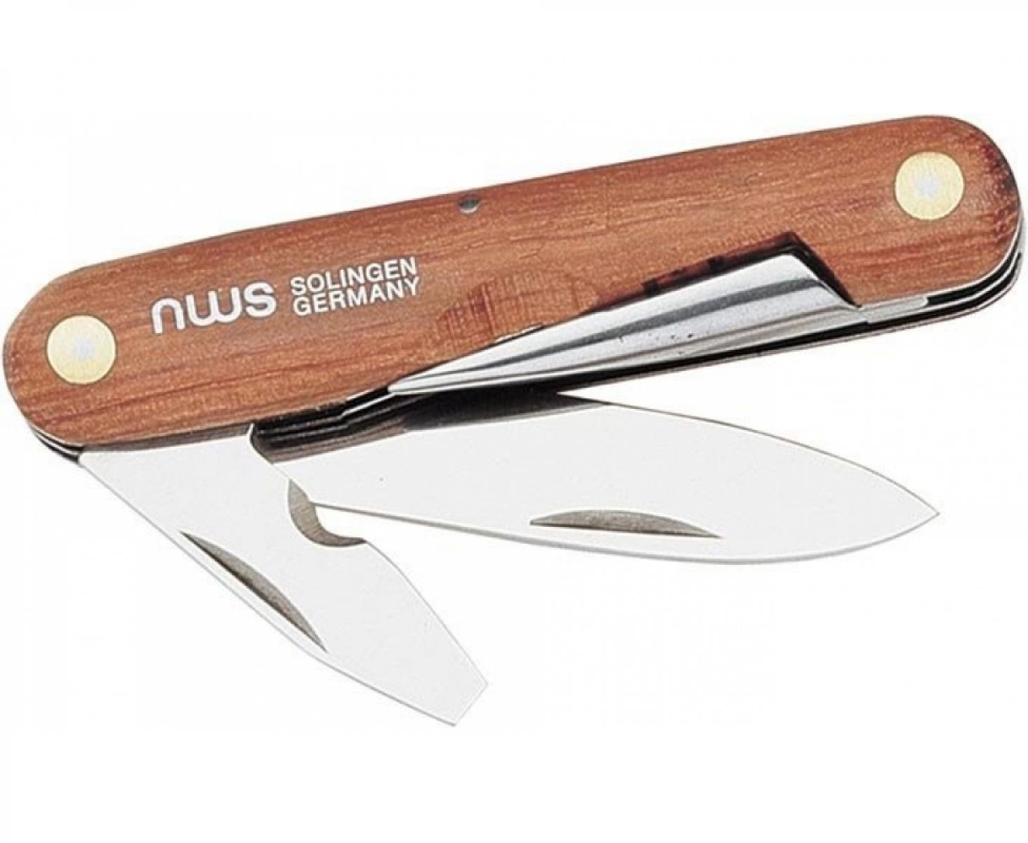 картинка Нож кабельный складной с деревянной ручкой с круглым скребком, разверткой и отверткой 180 мм NWS 963-3-75 от магазина "Элит-инструмент"