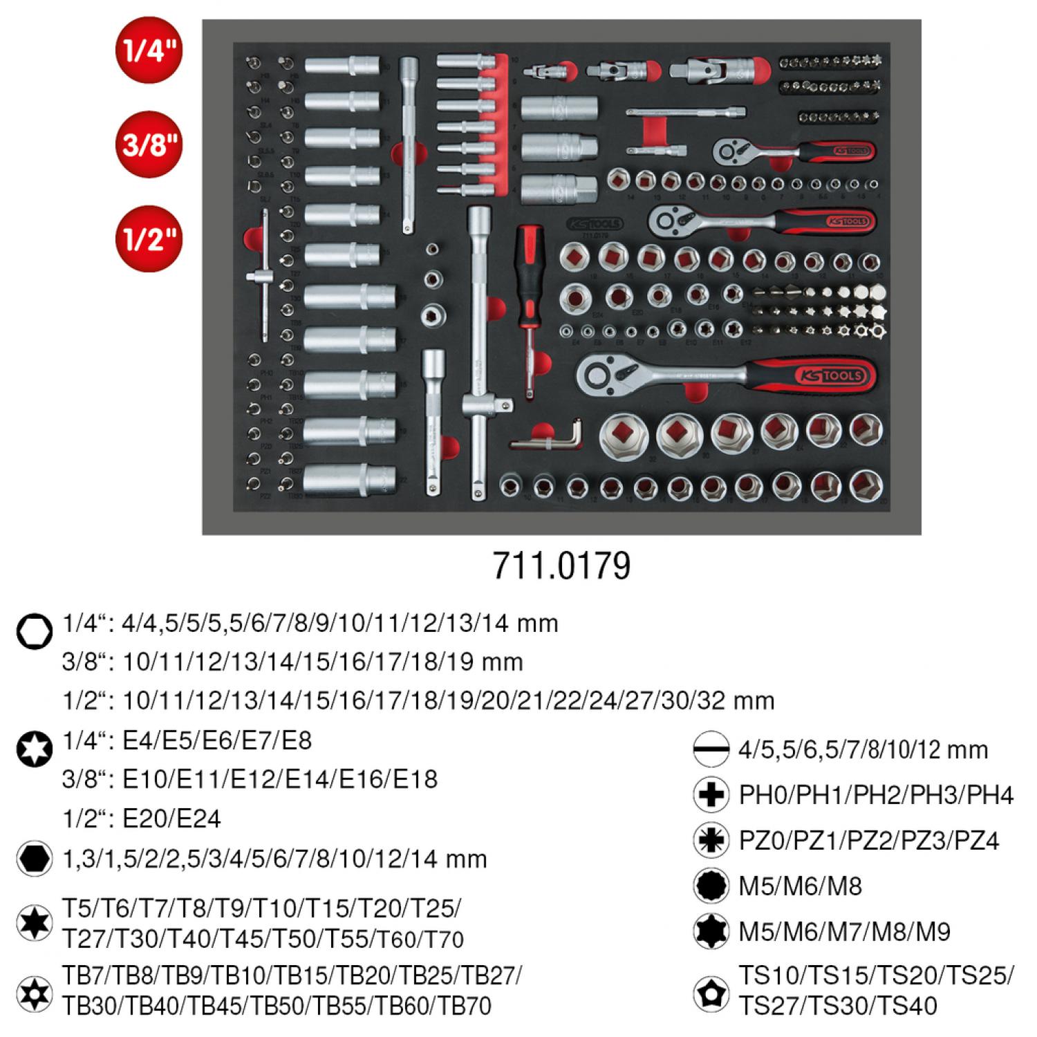 Комплект торцовых ключей 1/4"+3/8"+1/2'', 179 шт, во вкладке на 1/1 инструментального ящика