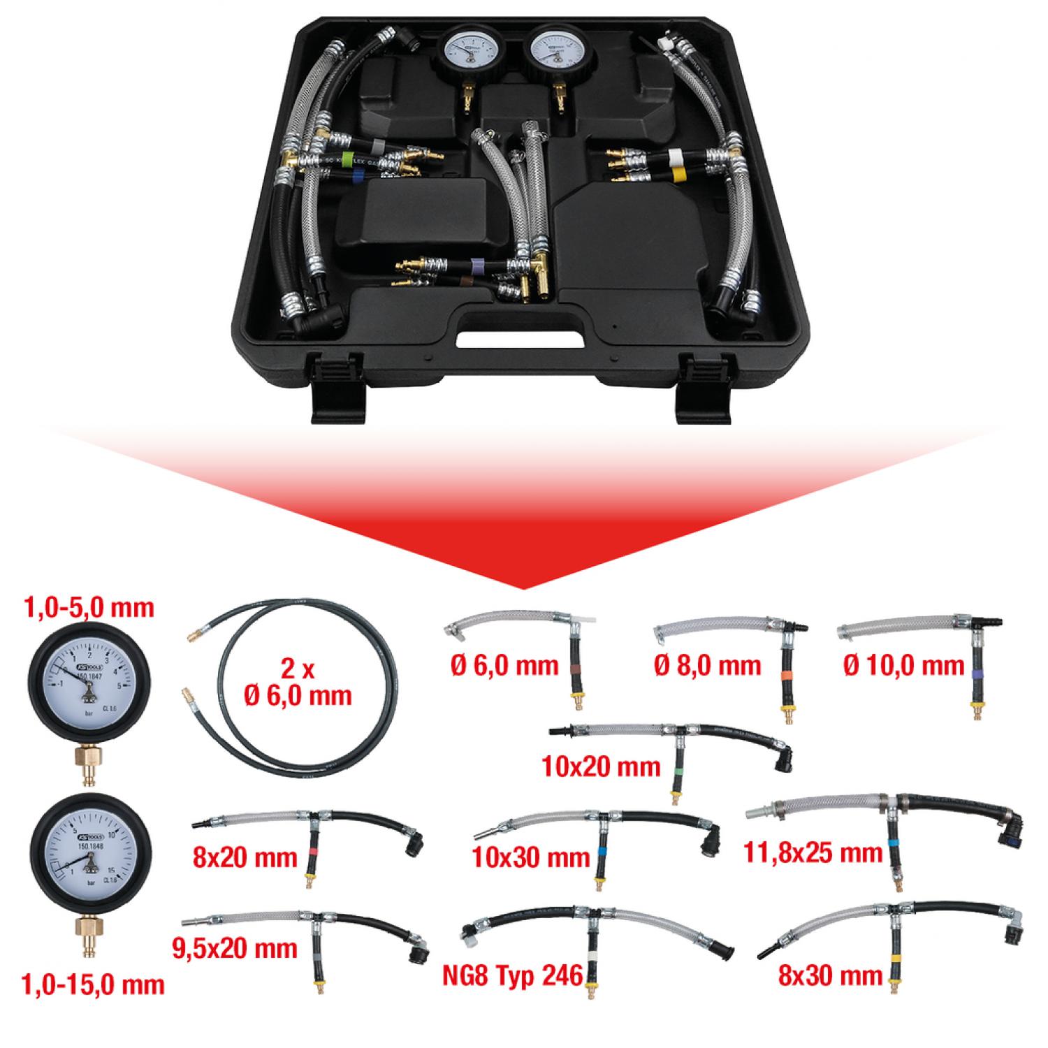 Комплект для диагностики пониженного давления в топливной системе, из 14 частей
