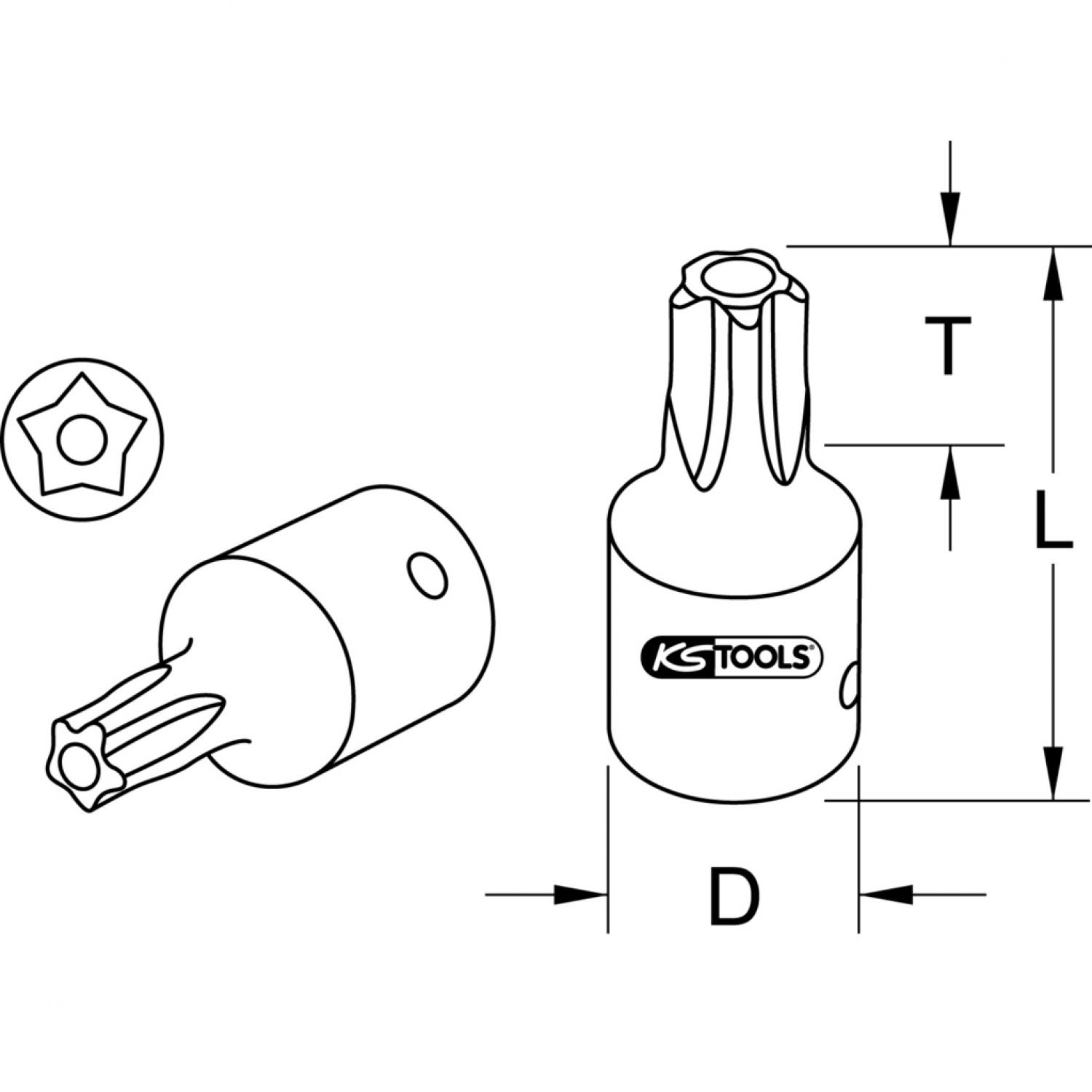 картинка Торцовая головка с профилем Torx 1/4" с битом, для винтов с пятилучевой звездочкой, с торцовым отверстием, TS25 подвеска от магазина "Элит-инструмент"