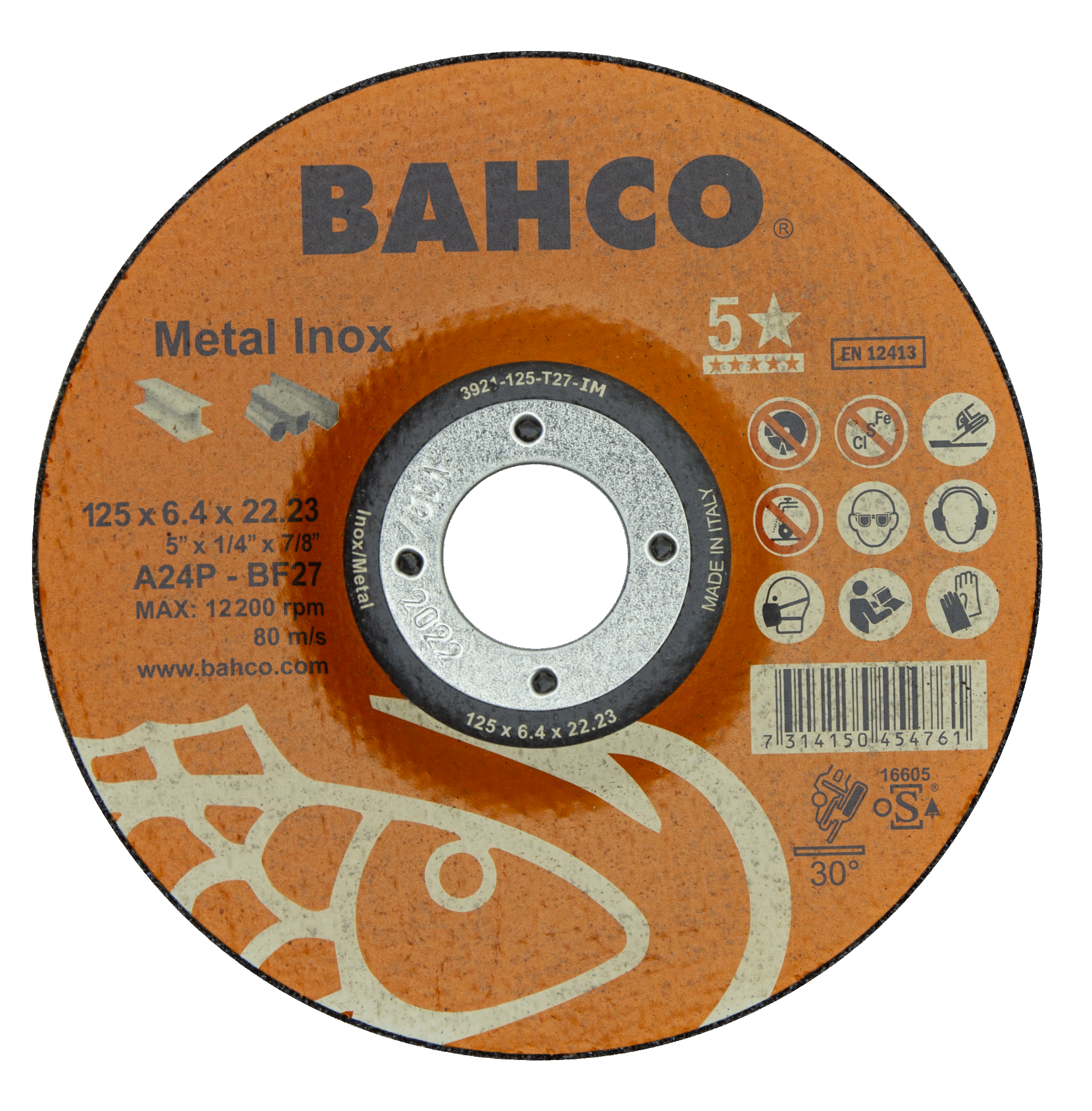 картинка Высокороизводительные диски для шлифования нержавеющей стали и металла 230 x 6.5 x 22.23mm BAHCO 3921-230-T27-IM от магазина "Элит-инструмент"