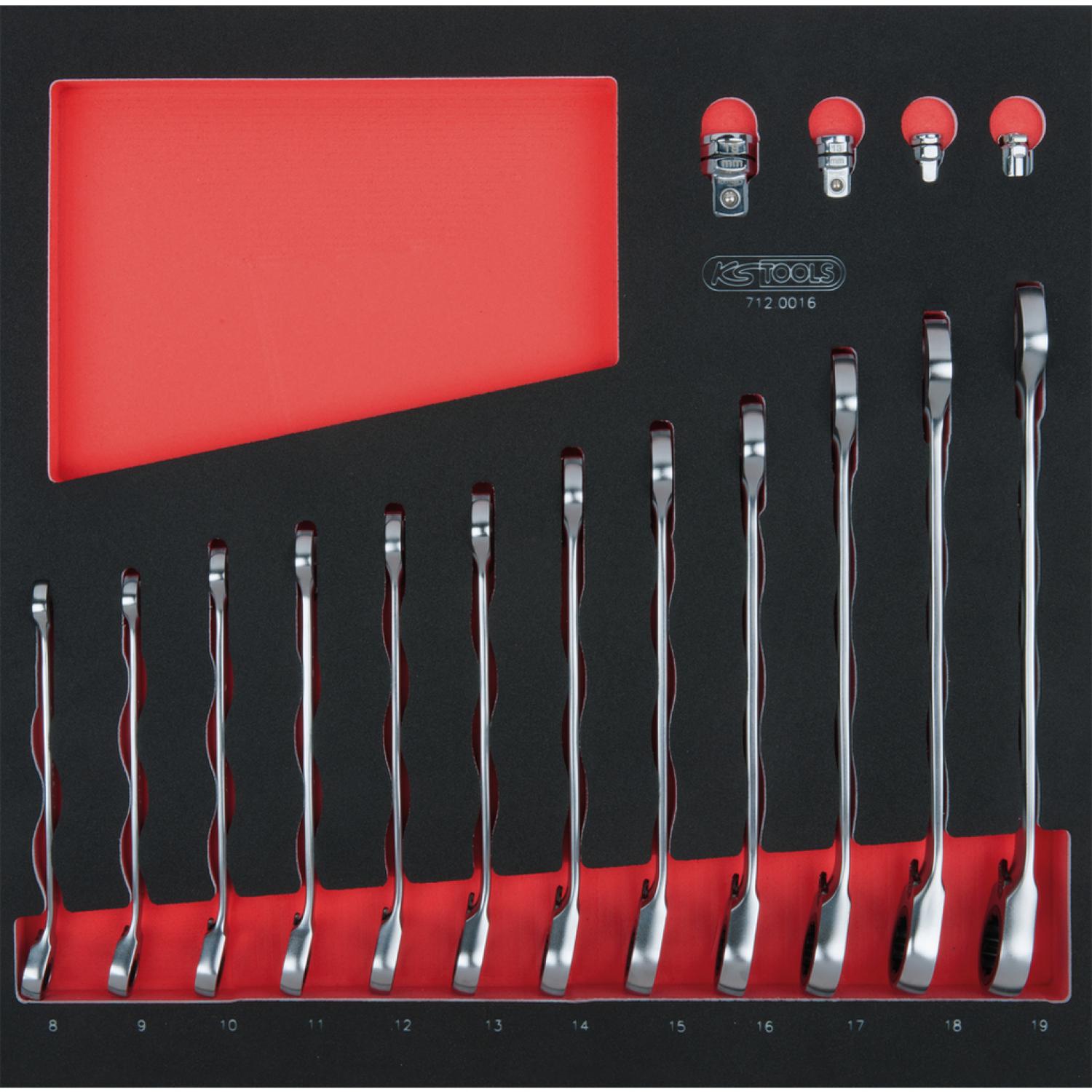 картинка Комплект комбинированных ключей с трещоткой GEARplus SCS, 16 шт, во вкладке на 2/3 инструментального ящика от магазина "Элит-инструмент"