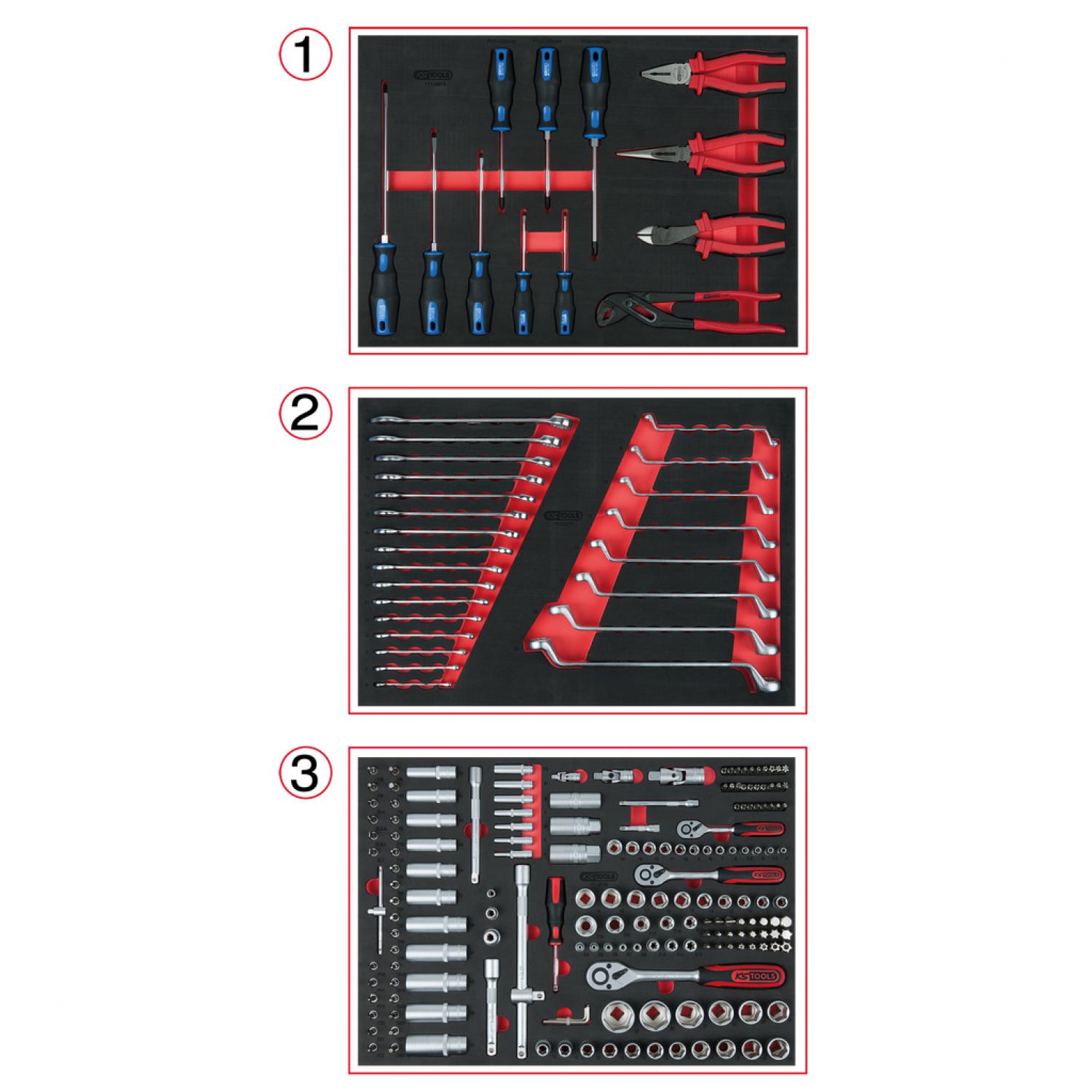 картинка комплект универсальных вкладышей для 3 ящиков с 215 инструментами премиум-класса от магазина "Элит-инструмент"