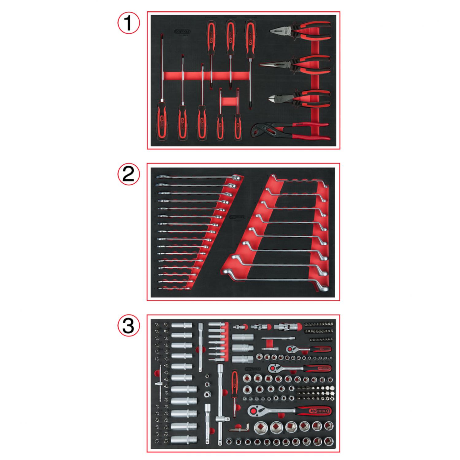 картинка комплект универсальных вкладышей для 3 ящиков с 215 инструментами премиум-класса от магазина "Элит-инструмент"