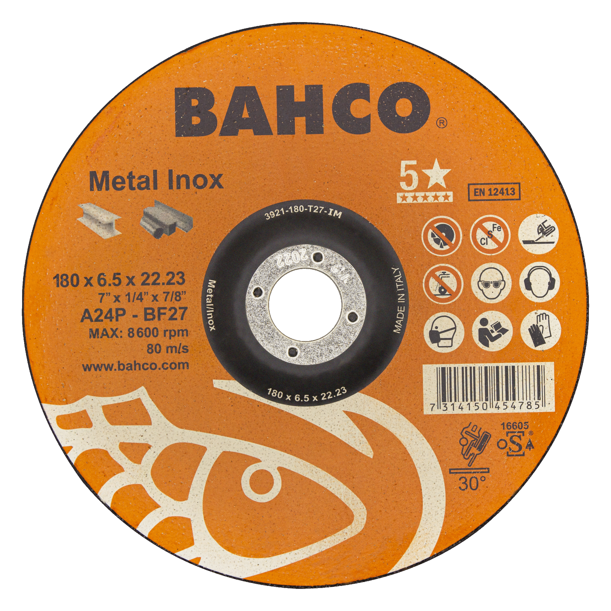 картинка Высокороизводительные диски для шлифования нержавеющей стали и металла 230 x 6.5 x 22.23mm BAHCO 3921-230-T27-IM от магазина "Элит-инструмент"