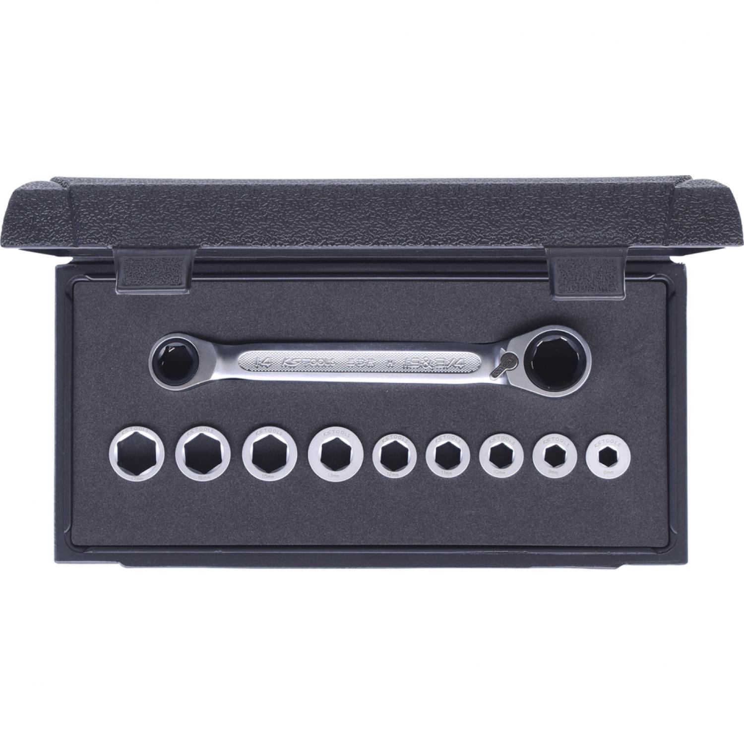 картинка Комплект накидных ключей с трещоткой GEARplus, переключающихся, 10 шт от магазина "Элит-инструмент"